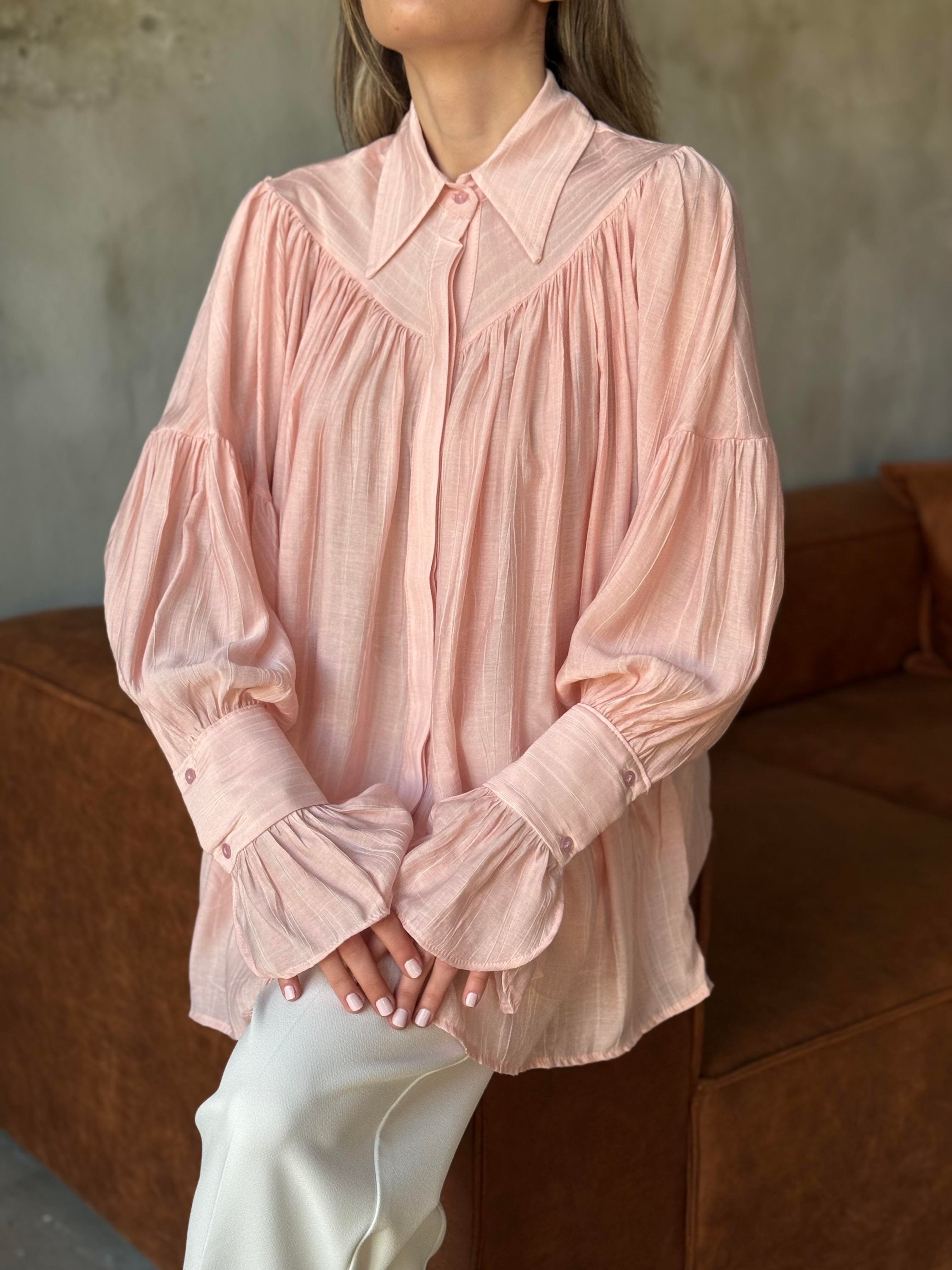 Büzgülü Salaş Gömlek - Pembe - Dominatrend