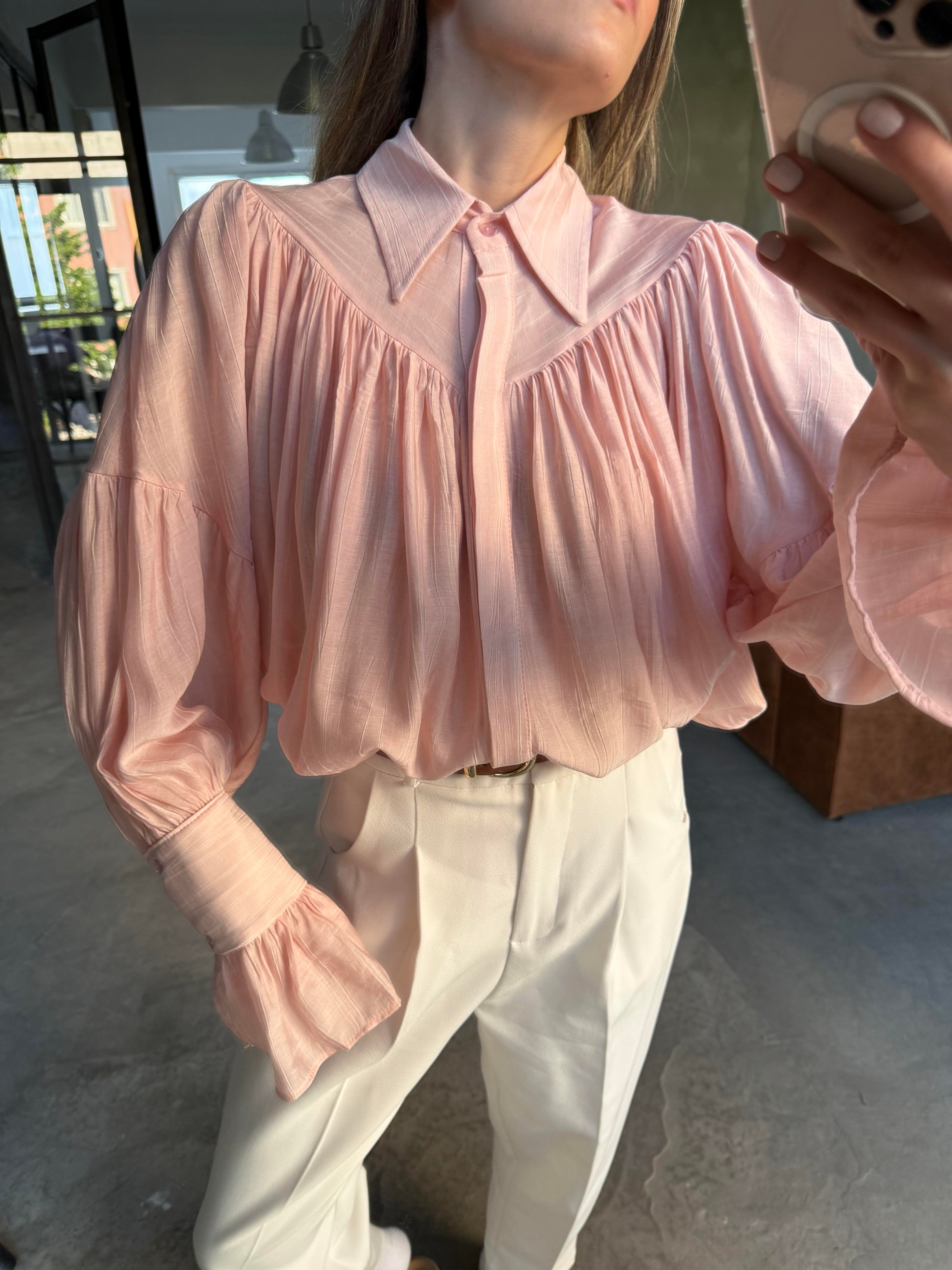 Büzgülü Salaş Gömlek - Pembe - Dominatrend