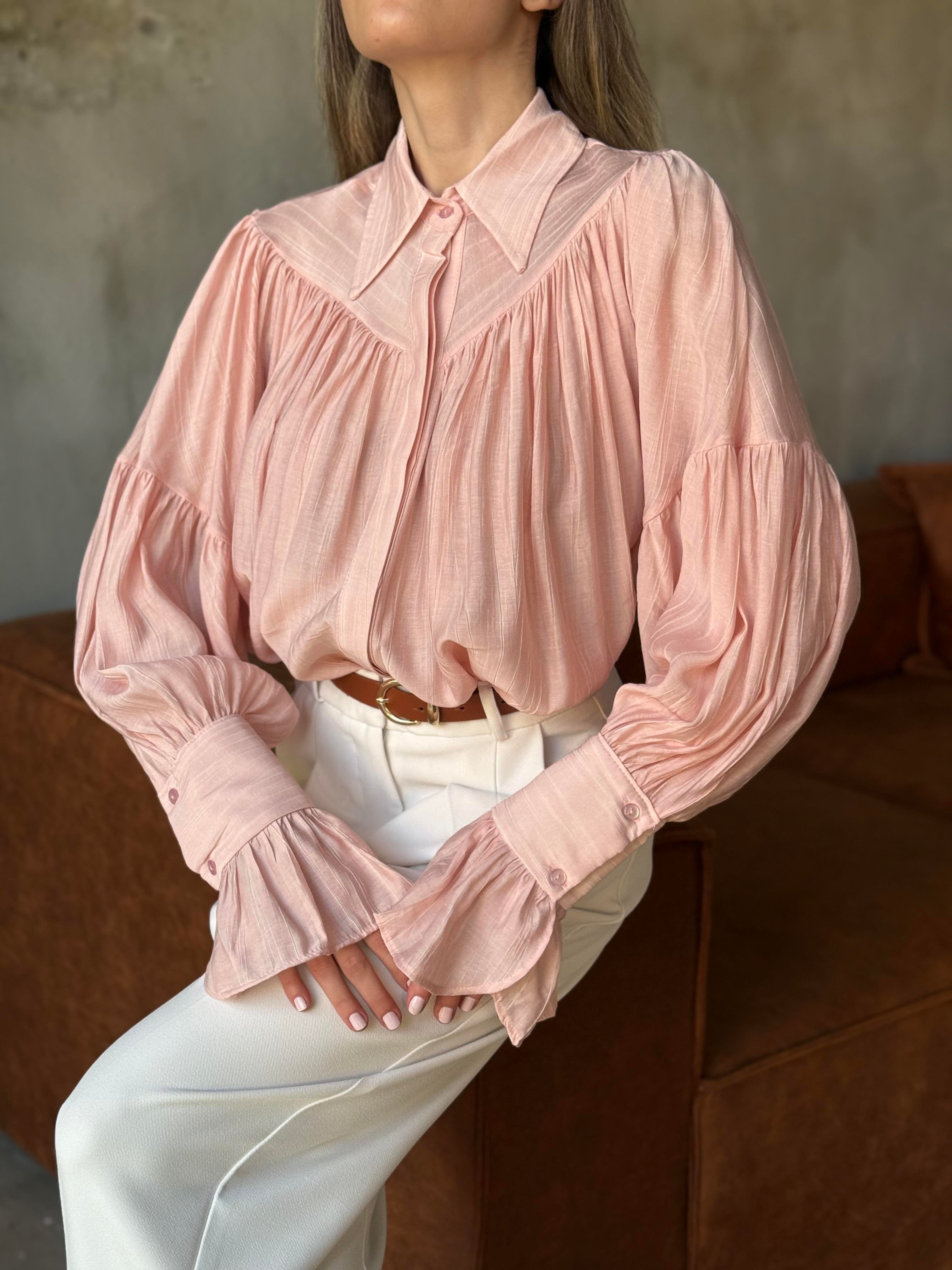 Büzgülü Salaş Gömlek - Pembe - Dominatrend