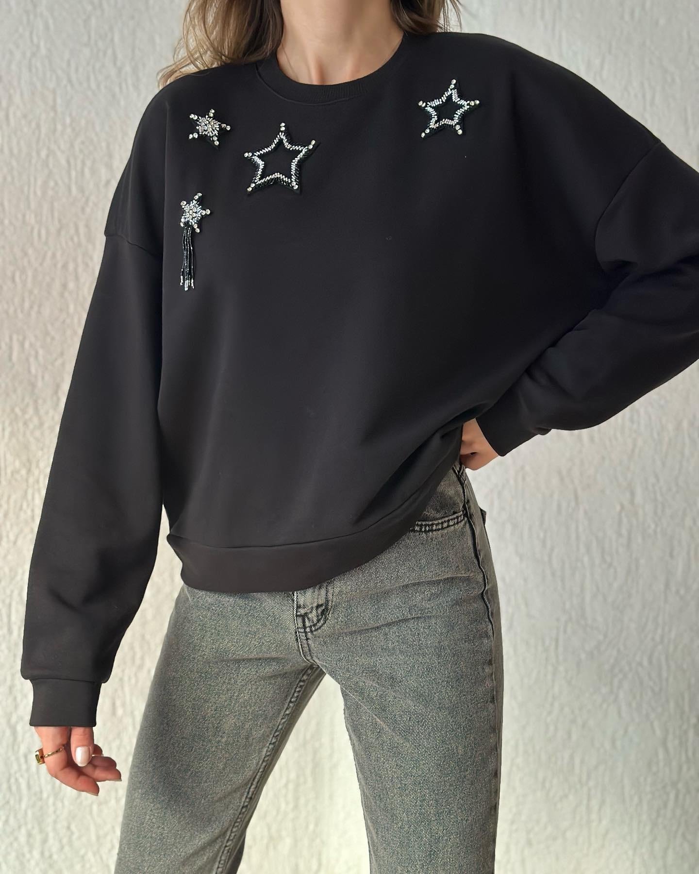 BYM Club Taşlı Sweatshirt - Siyah - Dominatrend