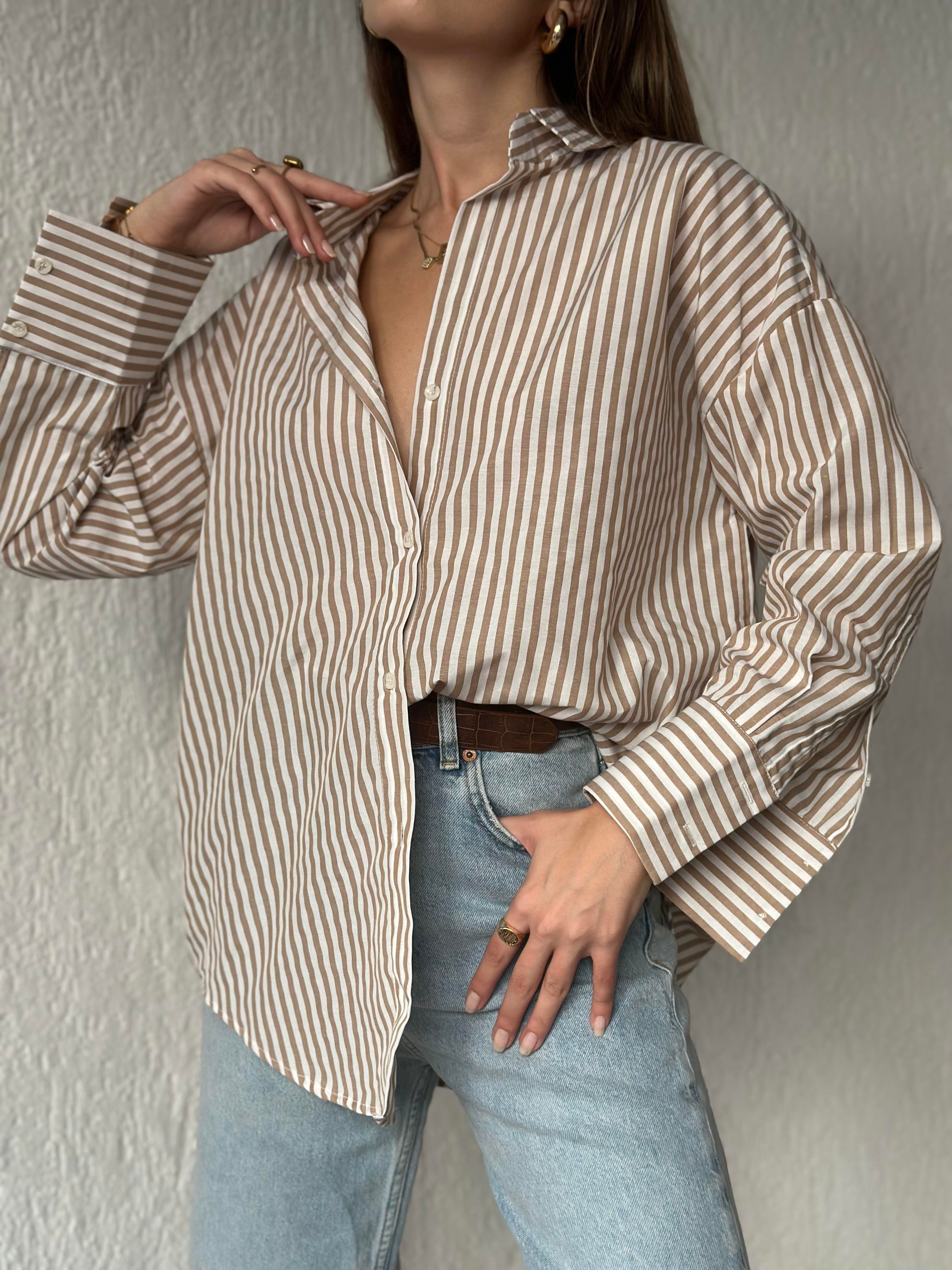Camel Çizgili Oversize Gömlek  - Dominatrend