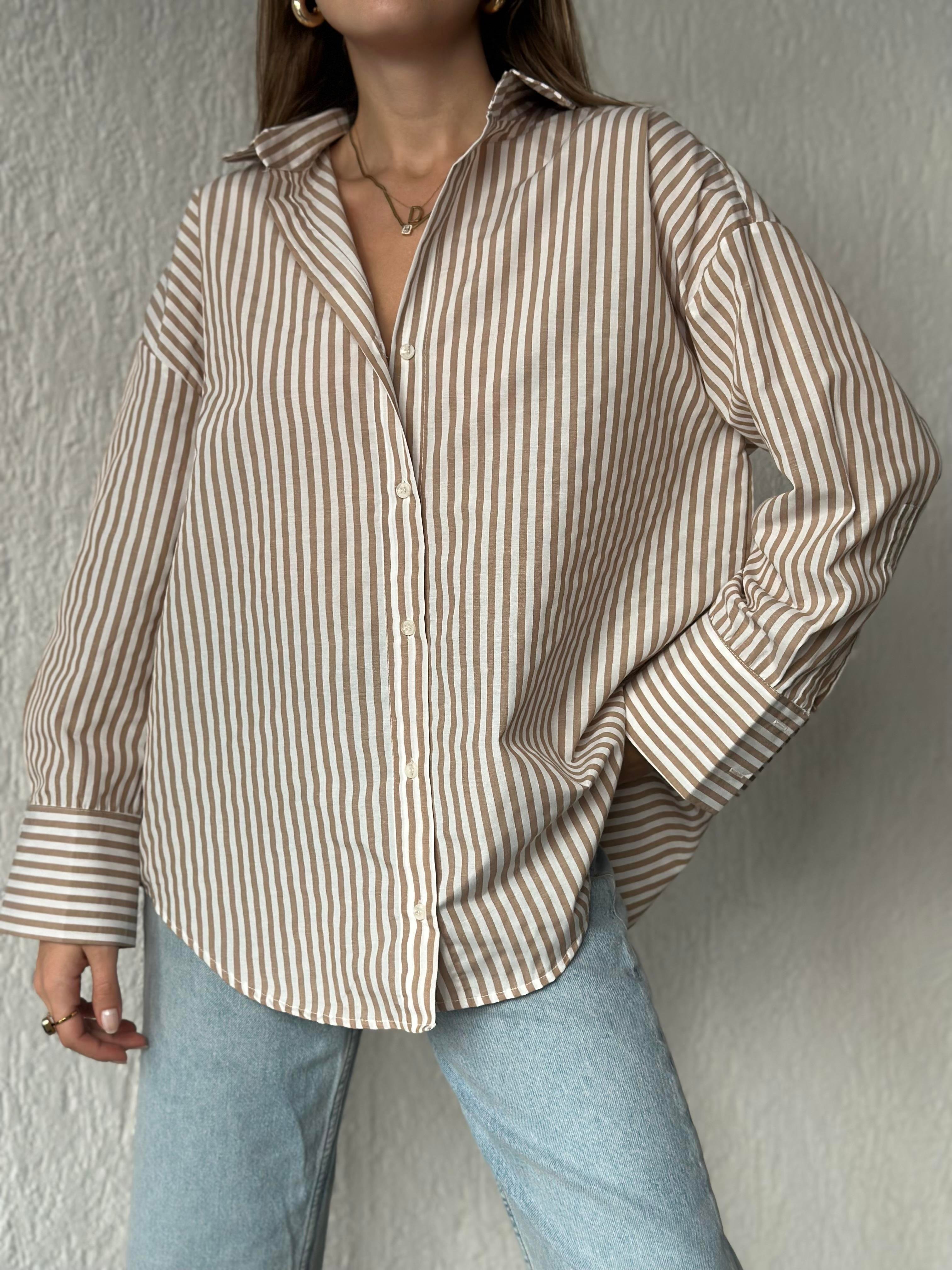 Camel Çizgili Oversize Gömlek  - Dominatrend