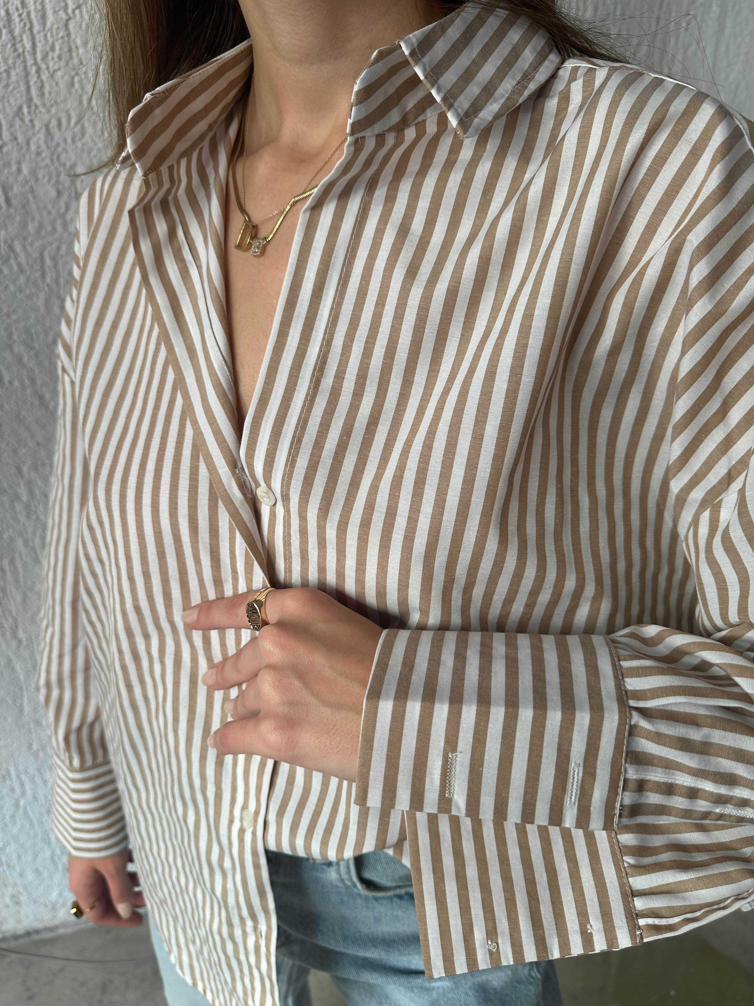 Camel Çizgili Oversize Gömlek  - Dominatrend