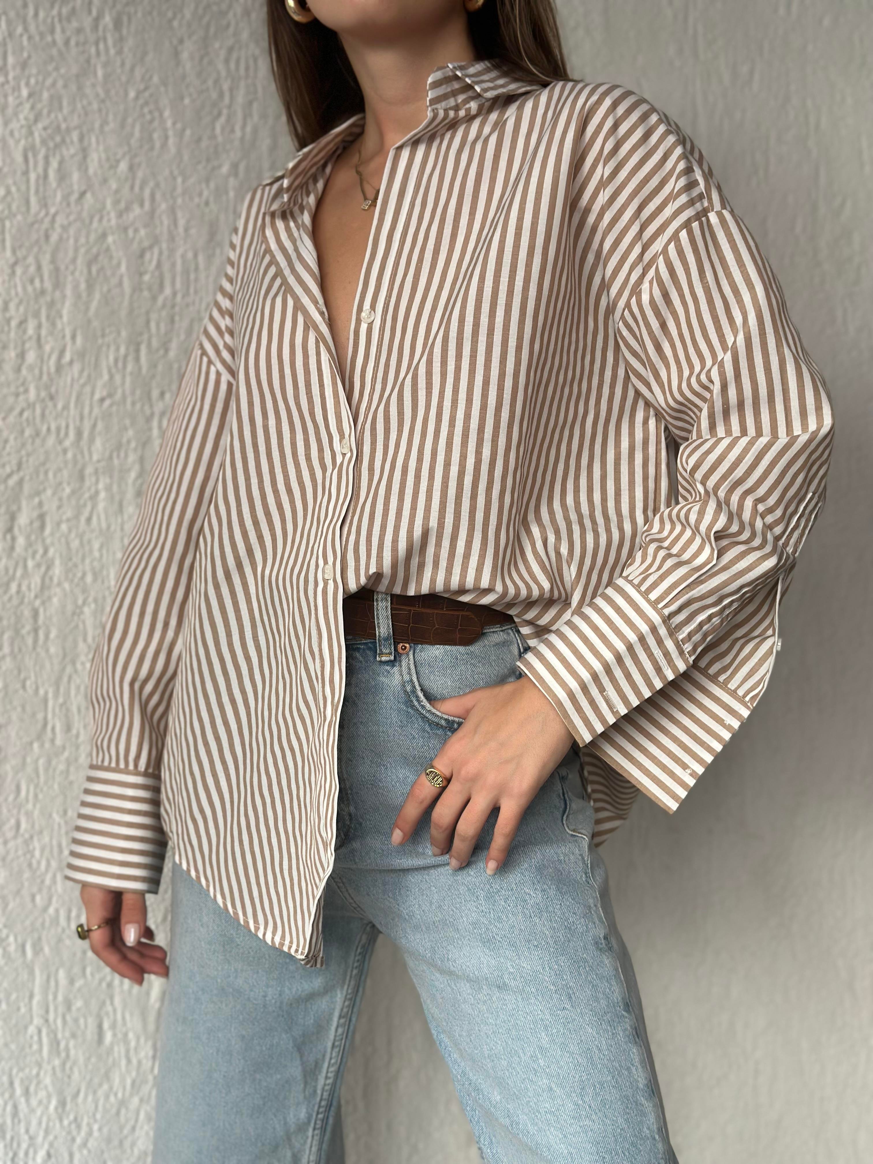 Camel Çizgili Oversize Gömlek  - Dominatrend