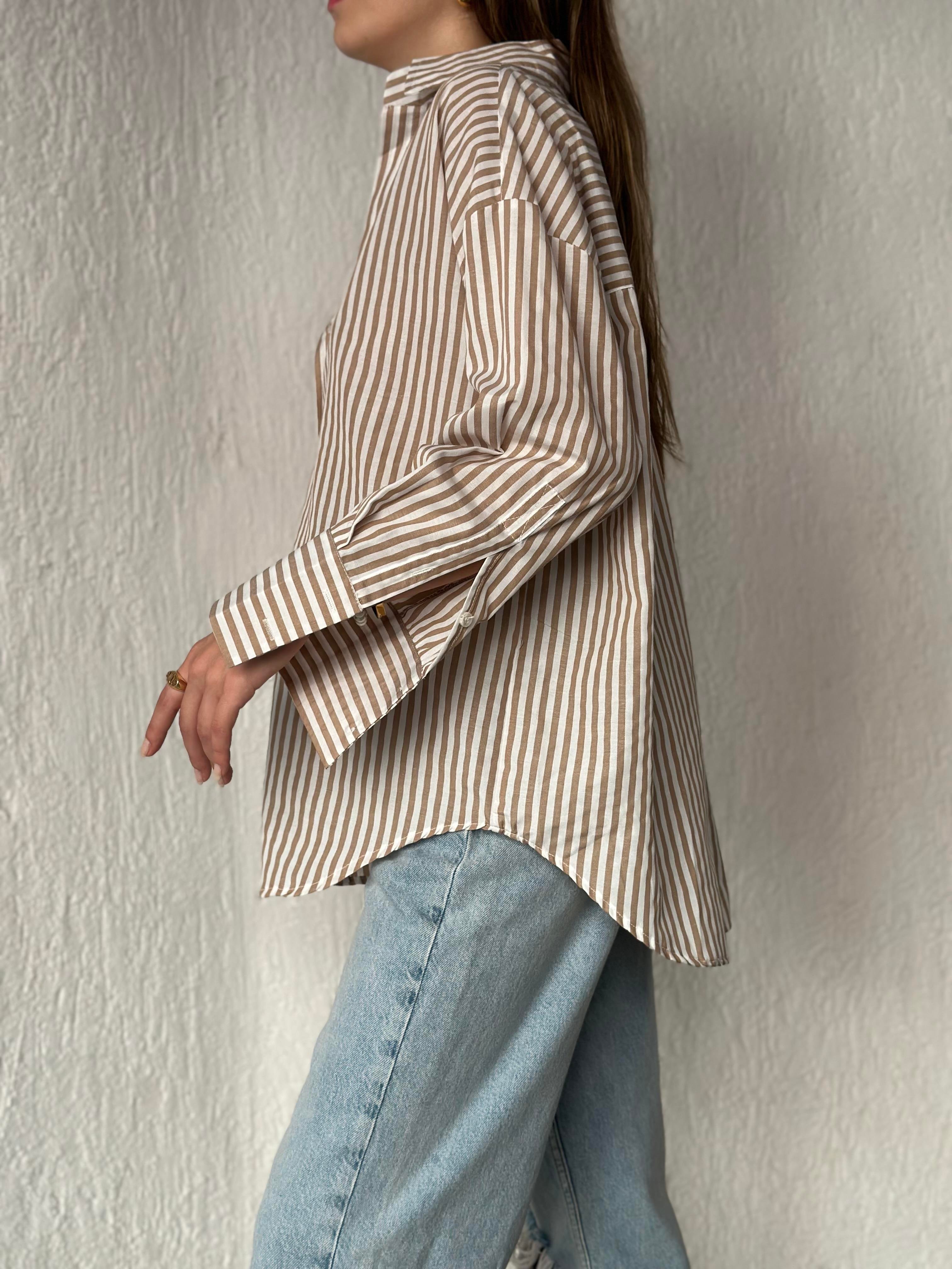 Camel Çizgili Oversize Gömlek  - Dominatrend