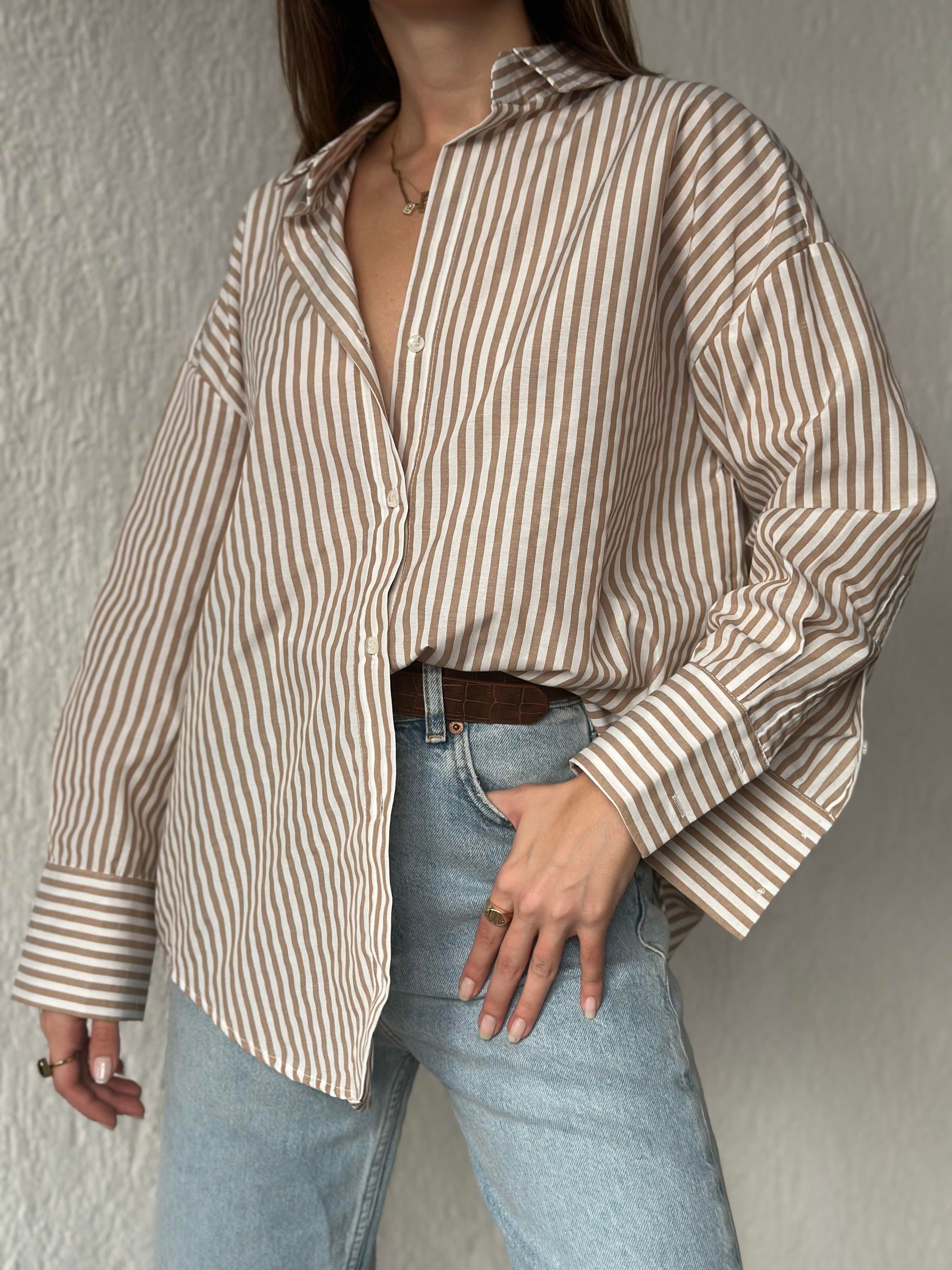 Camel Çizgili Oversize Gömlek  - Dominatrend