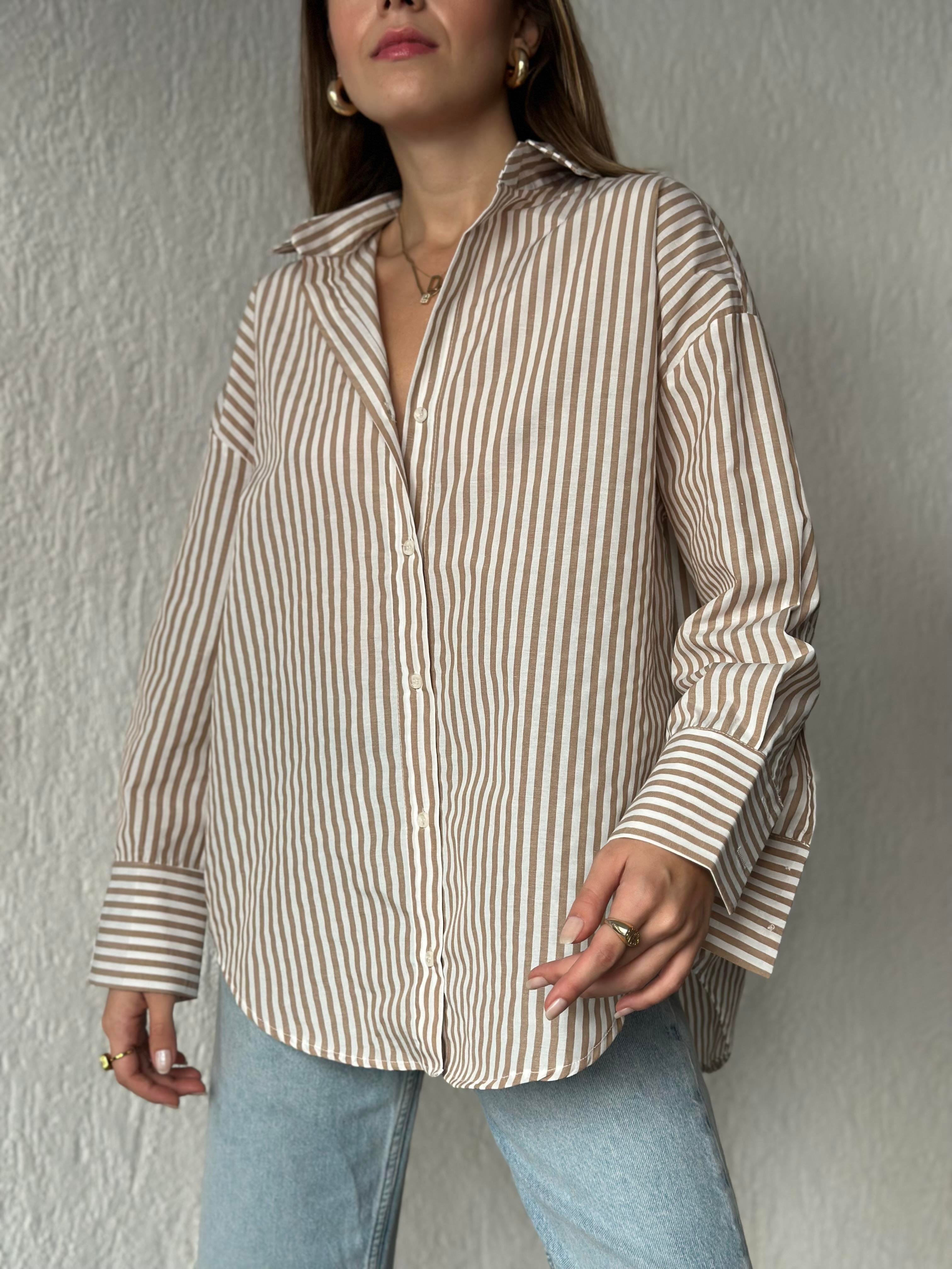Camel Çizgili Oversize Gömlek  - Dominatrend