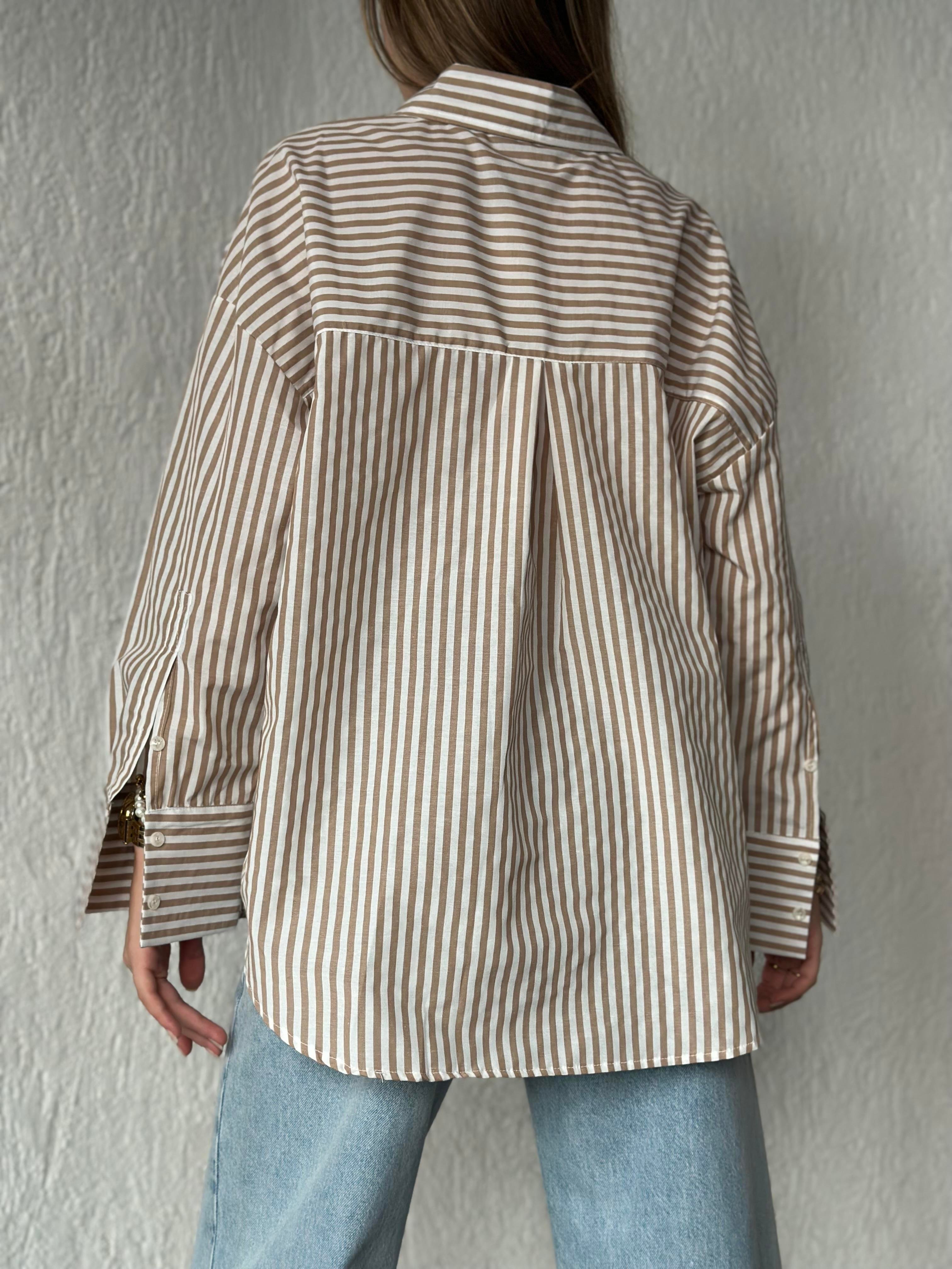 Camel Çizgili Oversize Gömlek  - Dominatrend