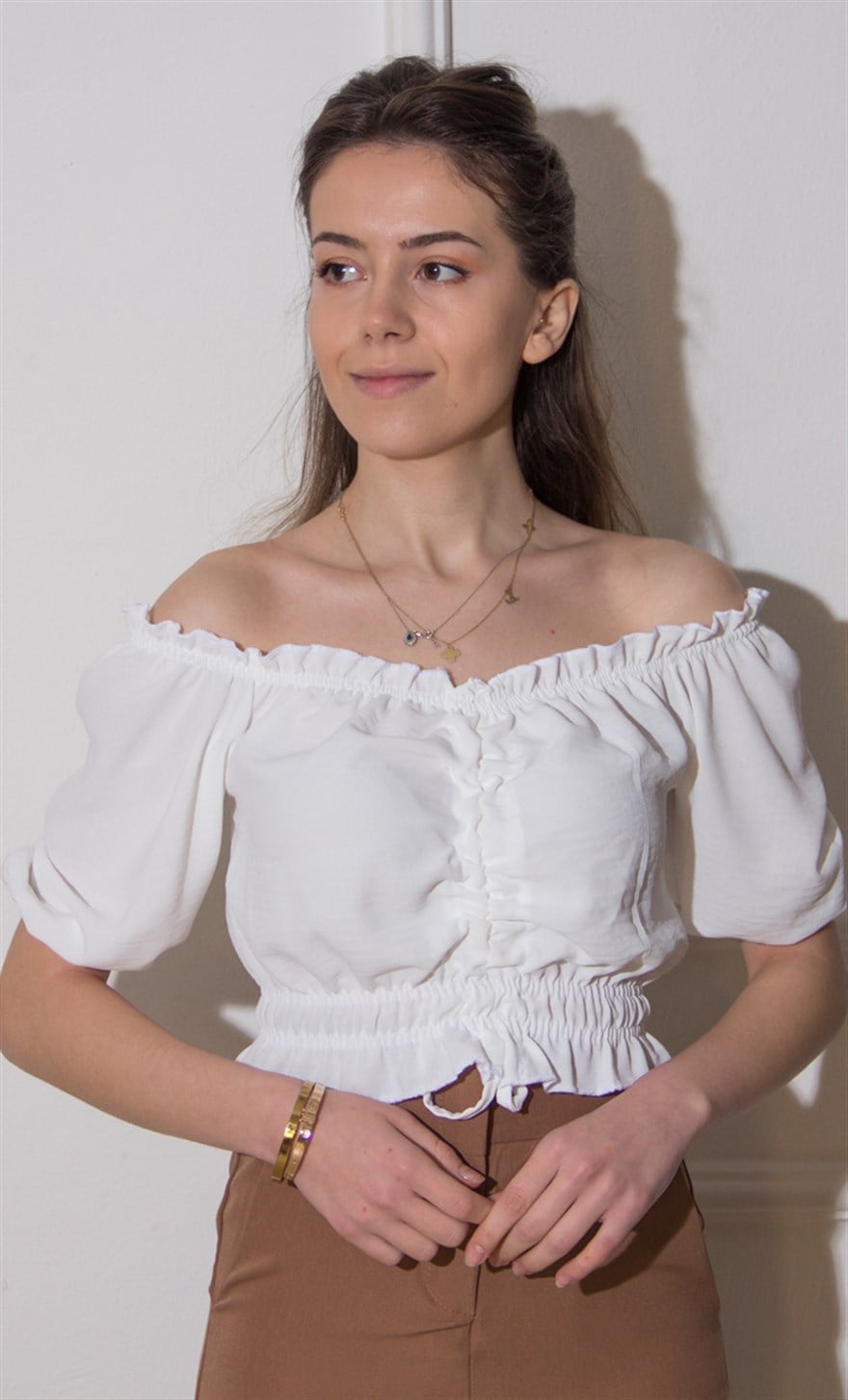 Carmen Pileli Bluz - Beyaz - Dominatrend