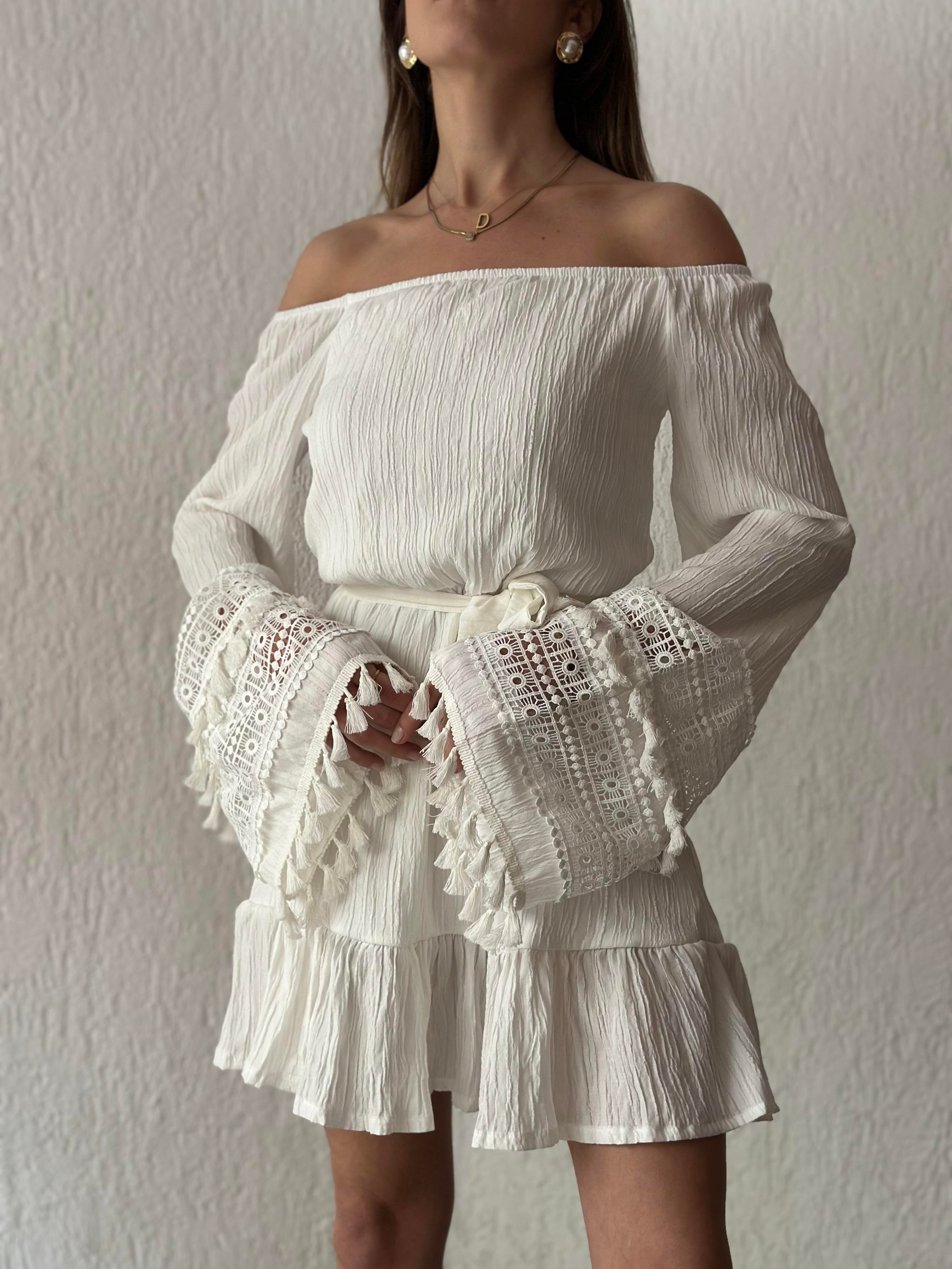 Carmen Yaka Güpür Detay Elbise - Beyaz - Dominatrend