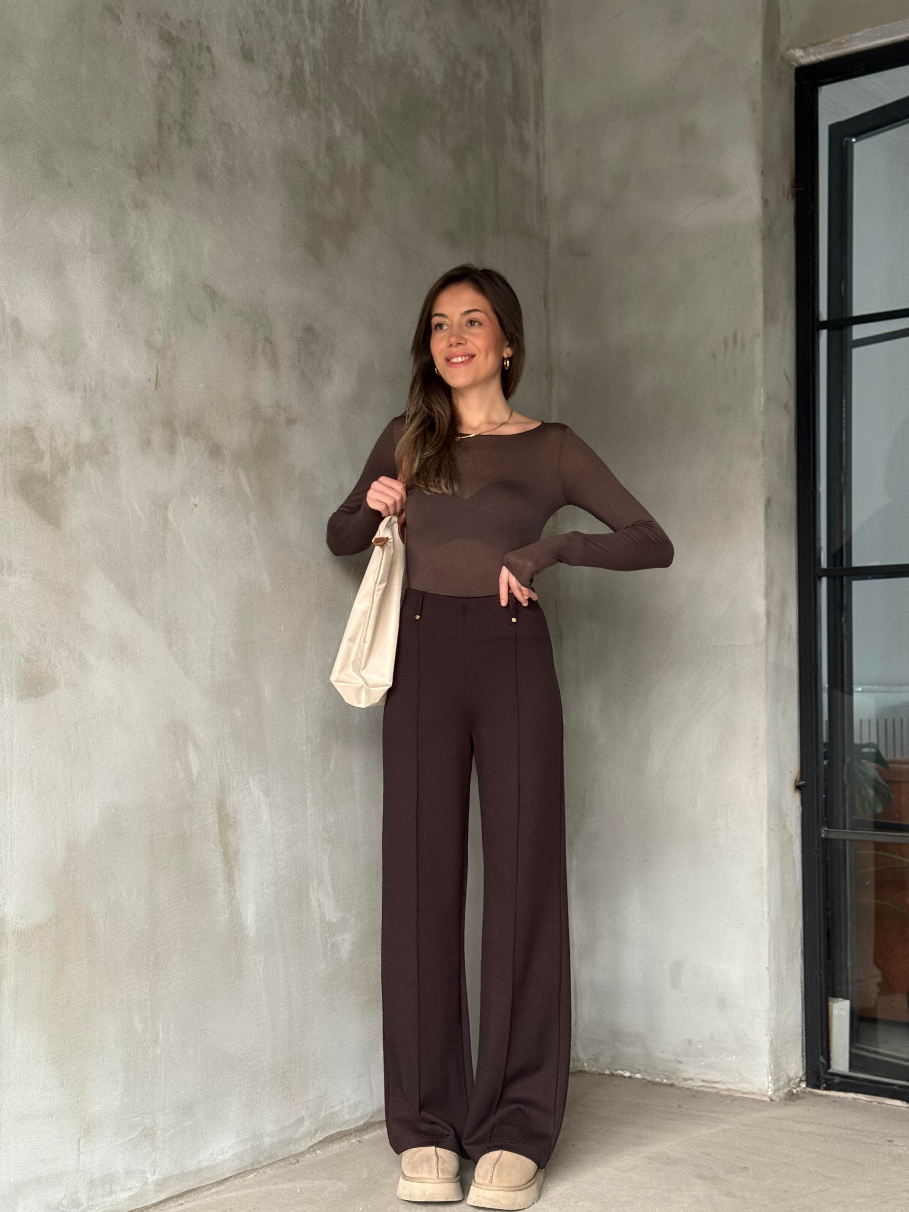Çelik Örme Çimalı Pantolon - Kahve - Dominatrend