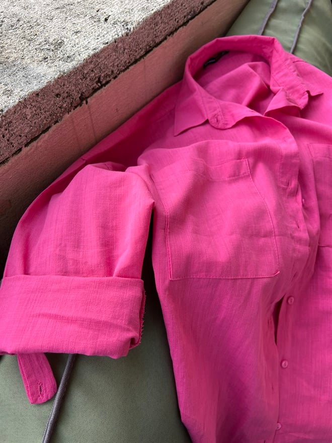 Cep Detay Keten Gömlek - Pembe - Dominatrend