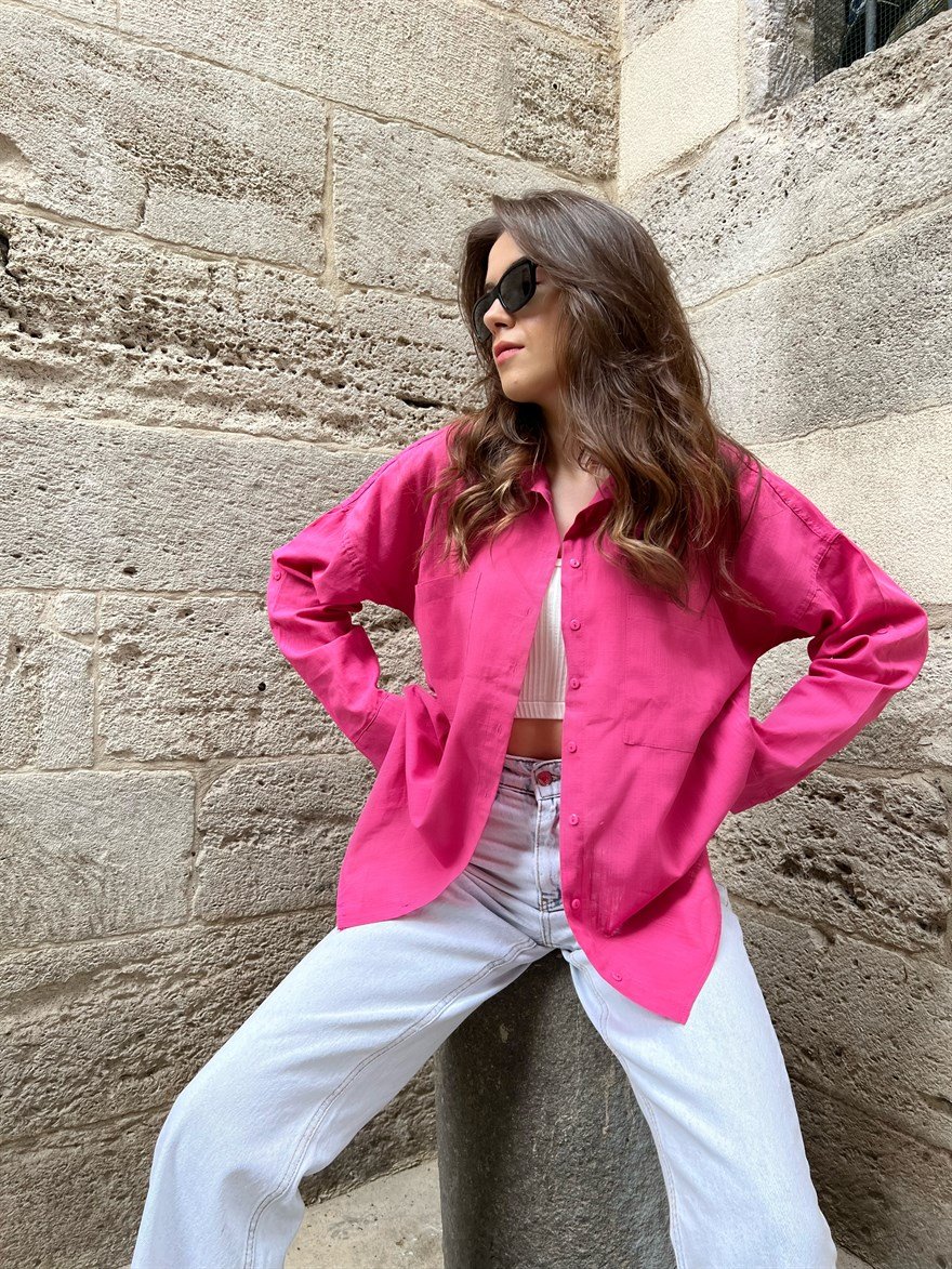 Cep Detay Keten Gömlek - Pembe - Dominatrend