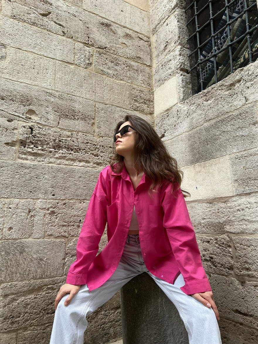 Cep Detay Keten Gömlek - Pembe - Dominatrend
