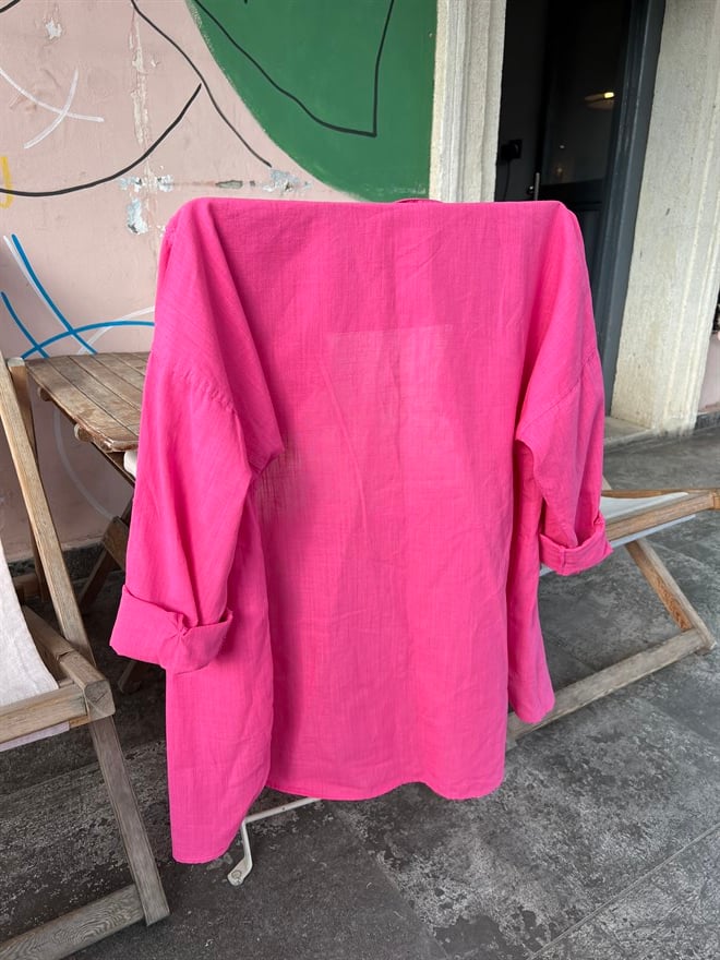 Cep Detay Keten Gömlek - Pembe - Dominatrend