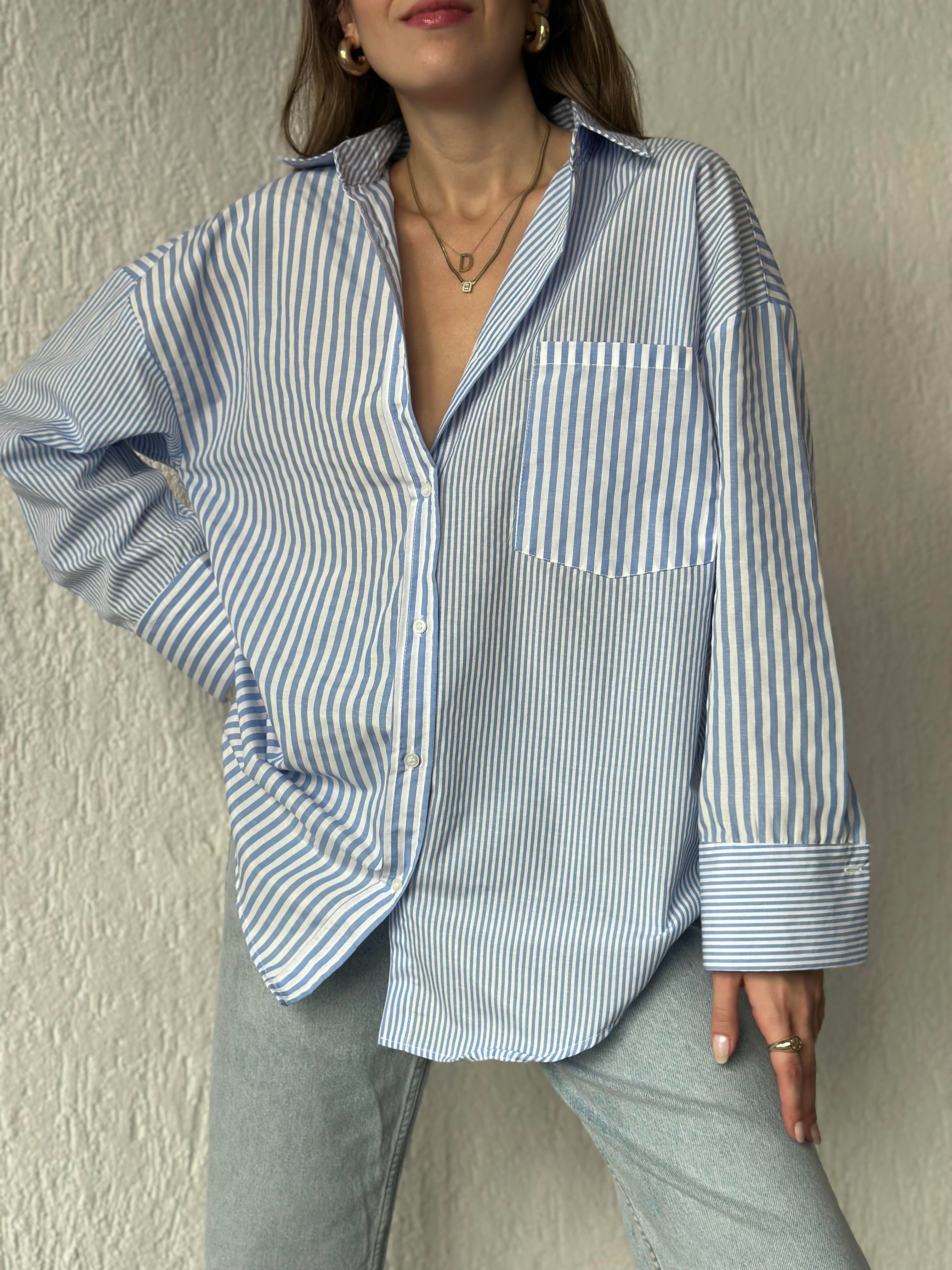 Cepli Mavi Çizgili Oversize Uzun Gömlek - Dominatrend