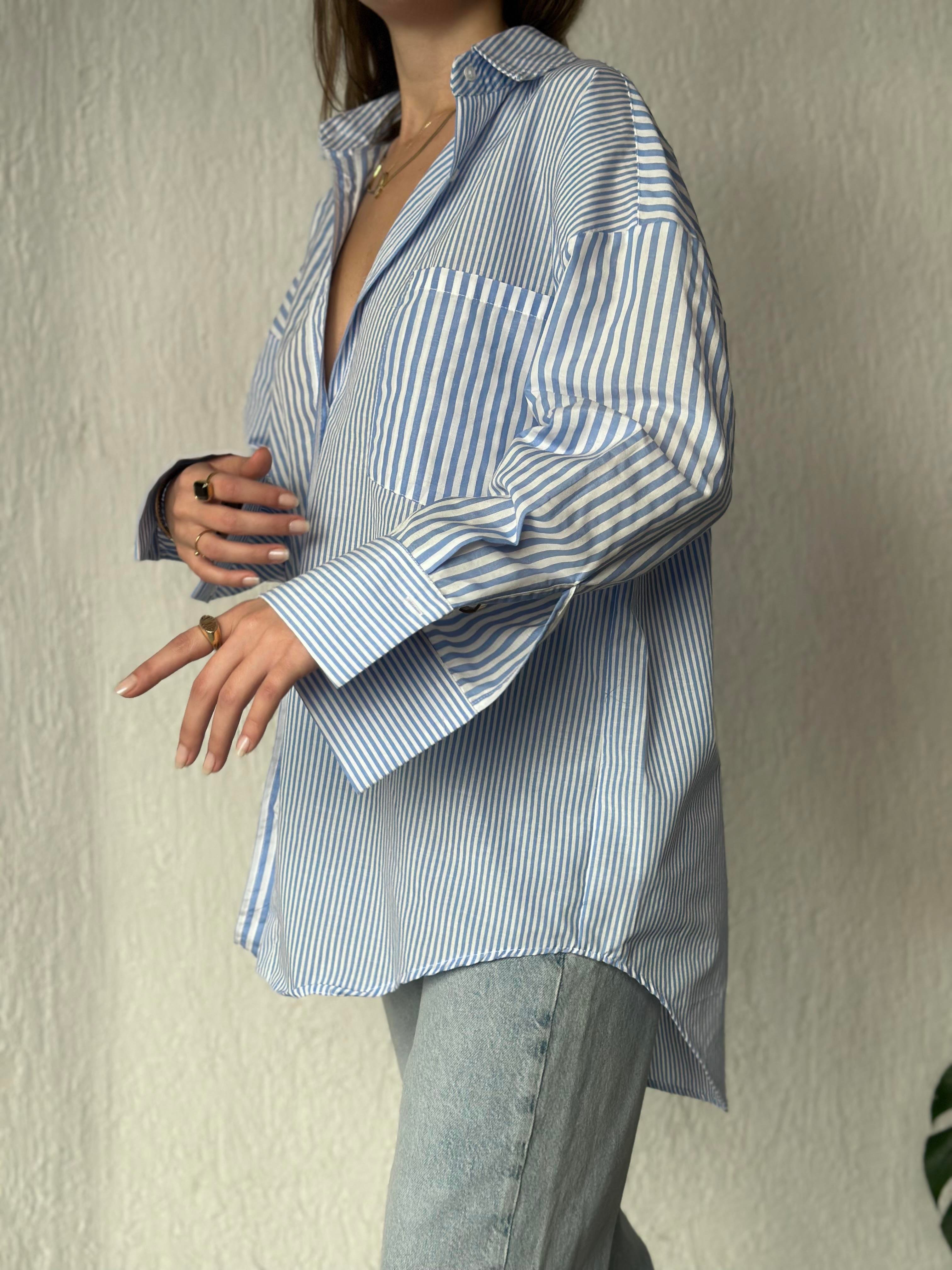Cepli Mavi Çizgili Oversize Uzun Gömlek - Dominatrend