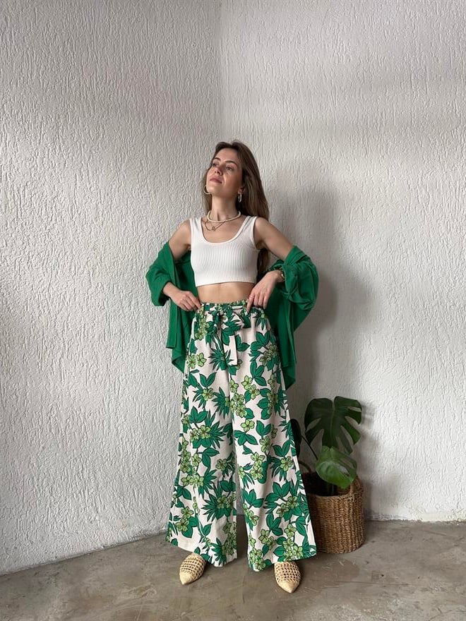 Çiçek Desenli Kemerli Salaş Pantolon - Yeşil - Dominatrend