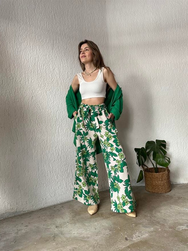 Çiçek Desenli Kemerli Salaş Pantolon - Yeşil - Dominatrend
