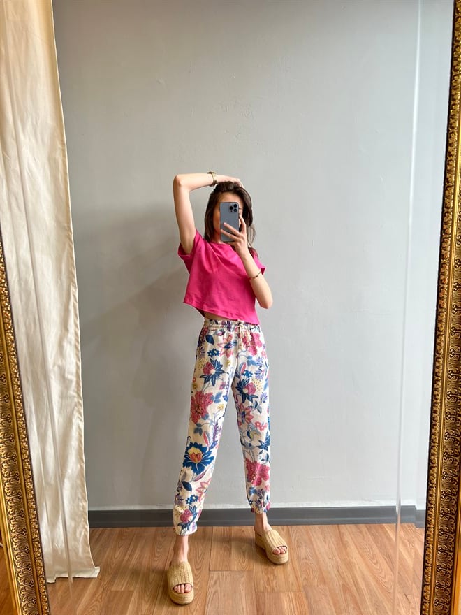 Çiçekli Keten Pantolon - Pembe - Dominatrend