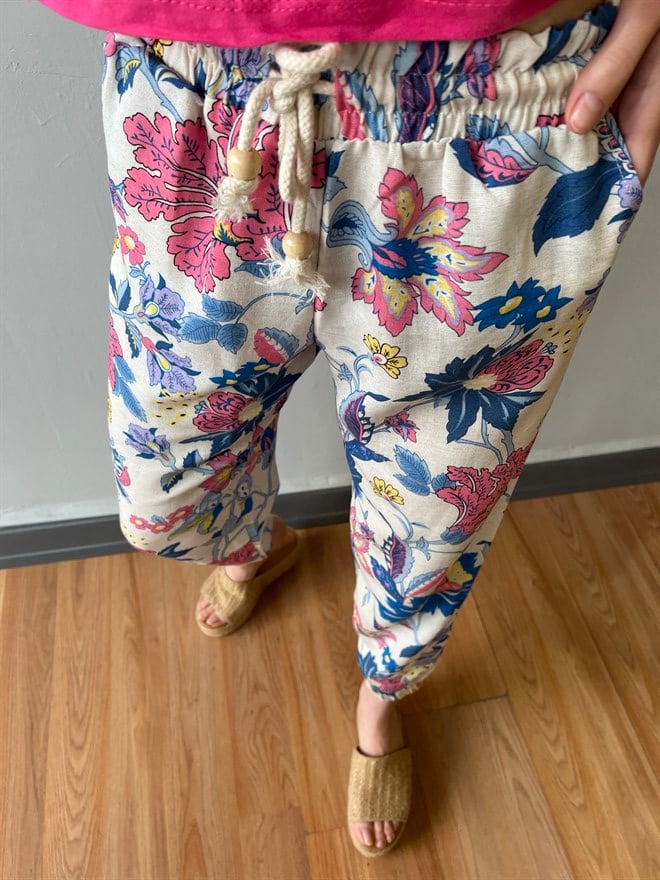 Çiçekli Keten Pantolon - Pembe - Dominatrend