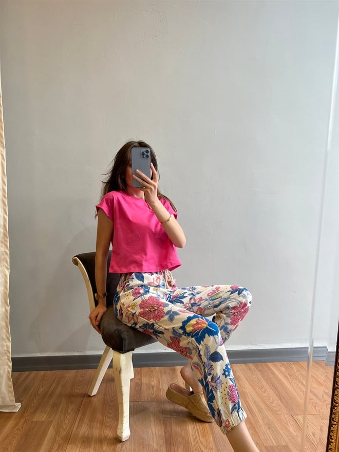 Çiçekli Keten Pantolon - Pembe - Dominatrend