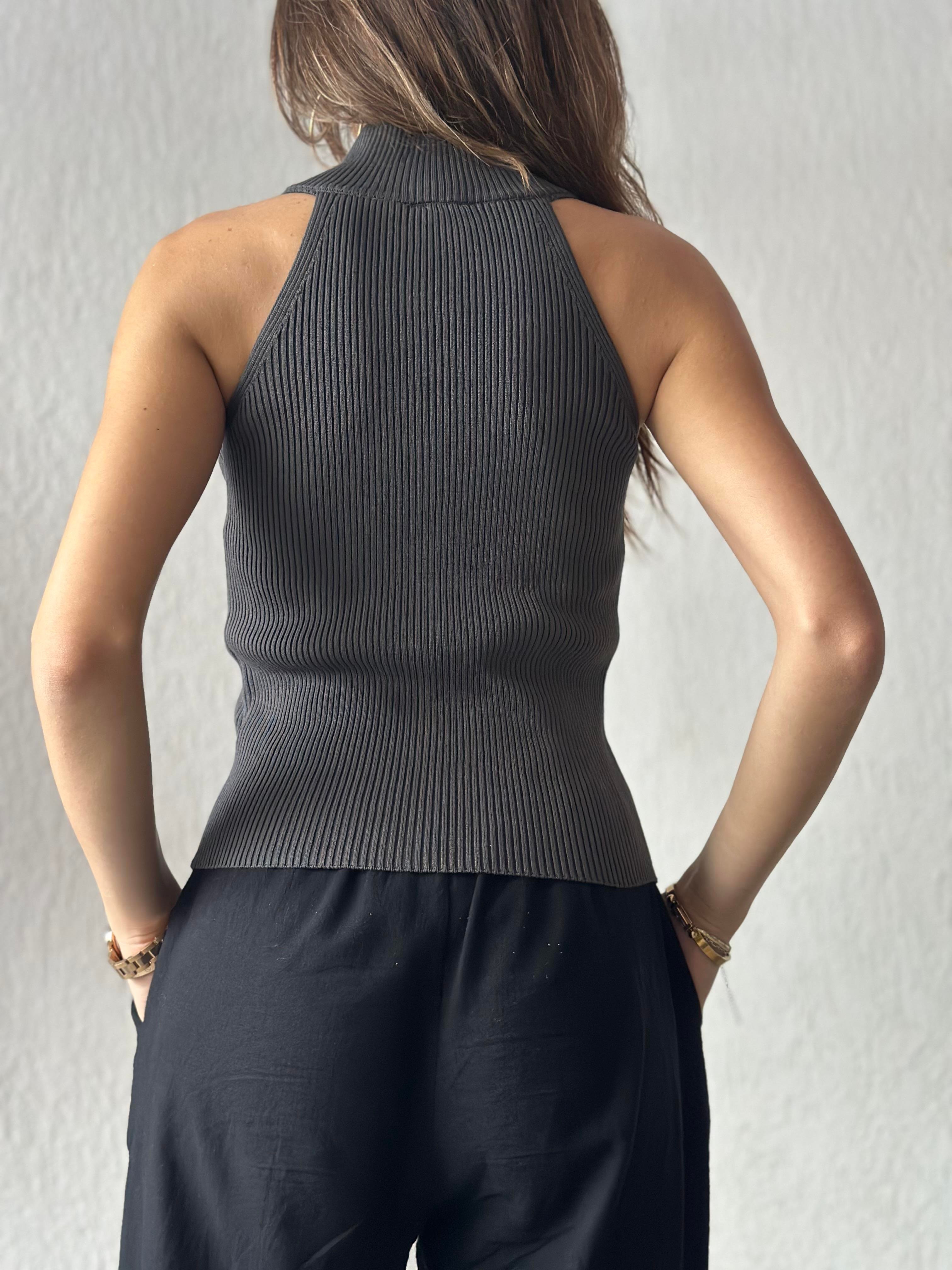 Çift Fermuar Yakalı Triko Bluz - Füme - Dominatrend