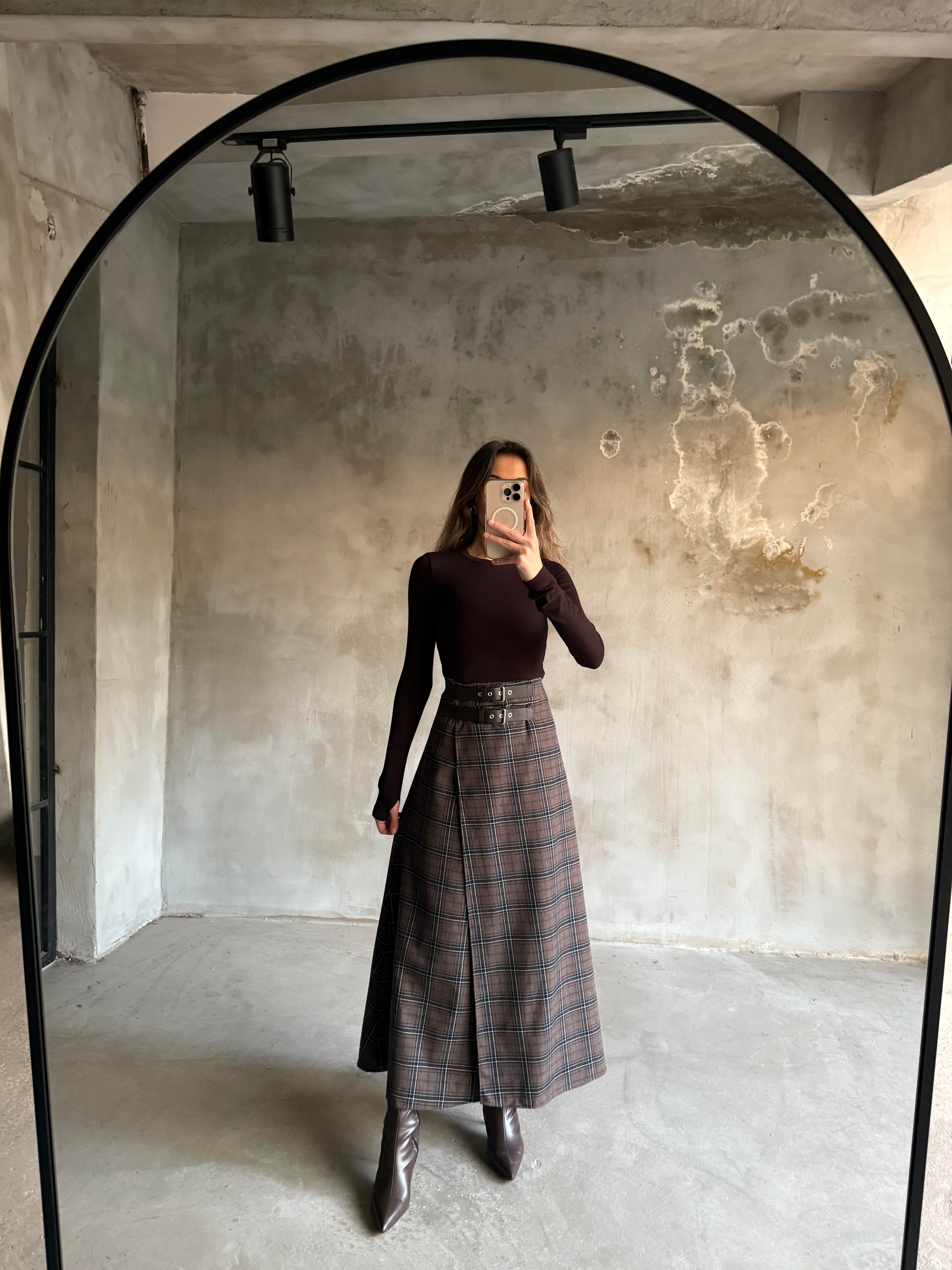 Çift Kemerli Maxi Boy Ekose Etek - Kahverengi - Dominatrend
