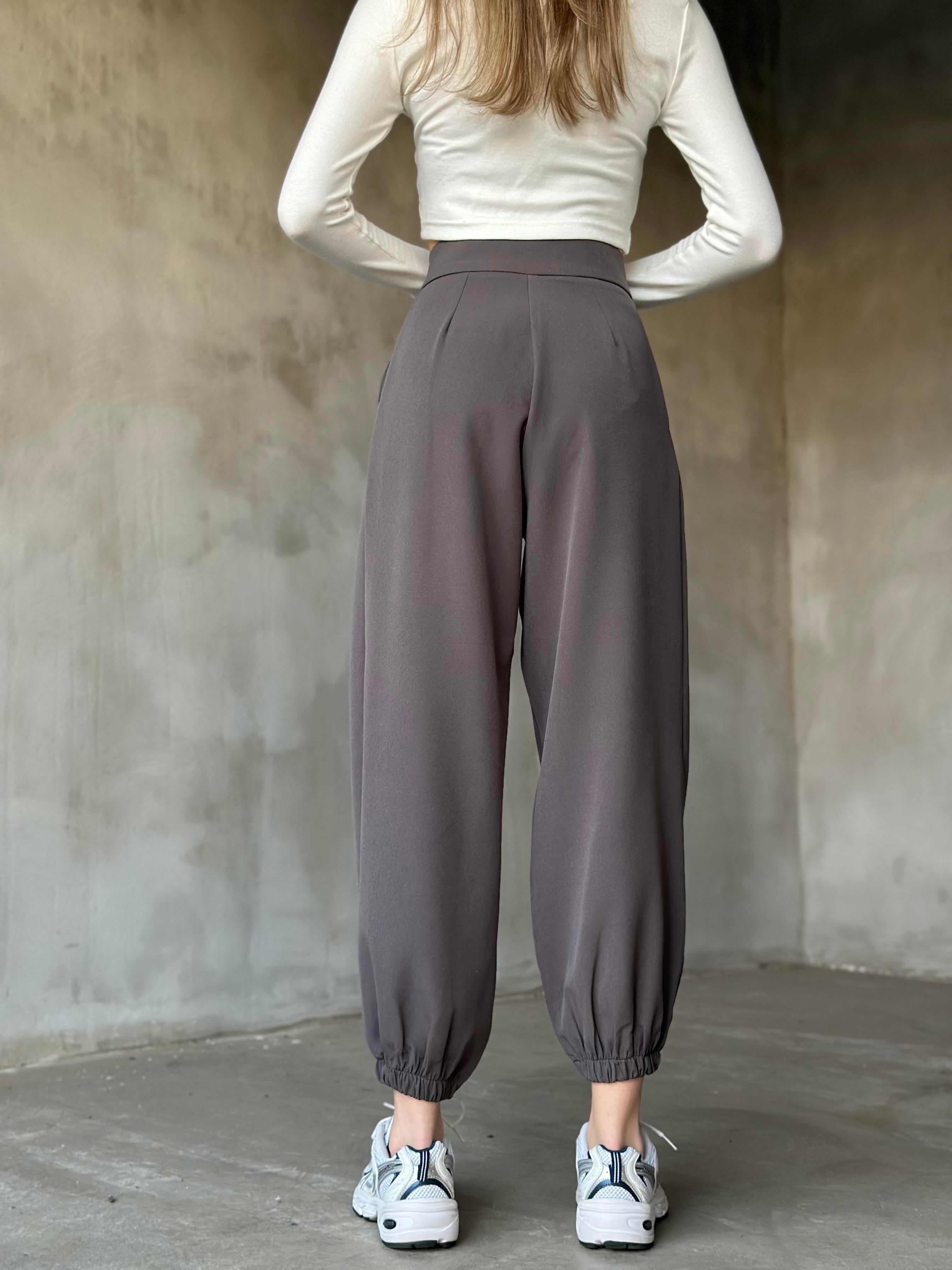 Çırtlı Paça Lastikli Balon Pantolon - Gri - Dominatrend