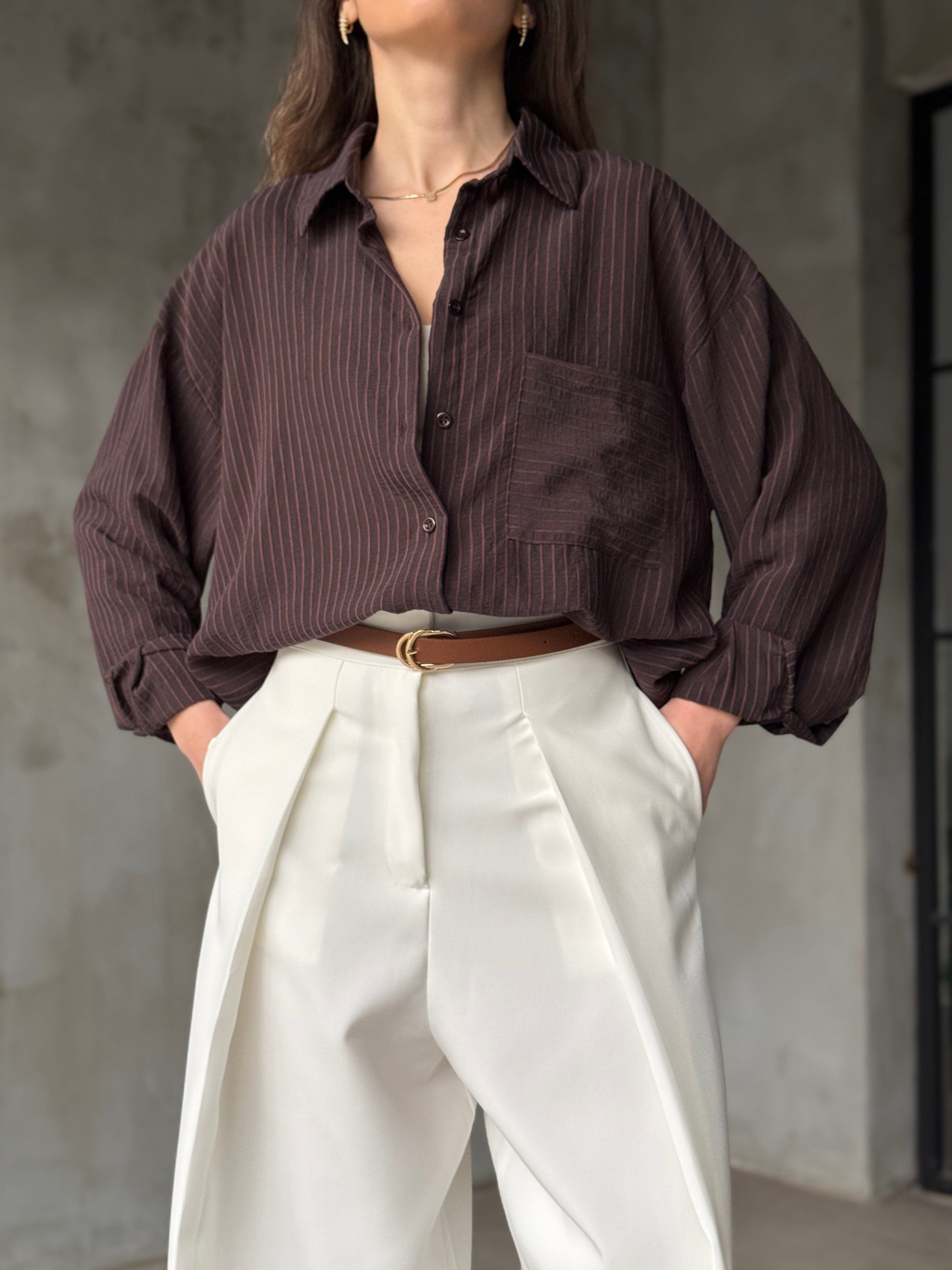 Çizgili Oversize Gömlek - Kahverengi - Dominatrend