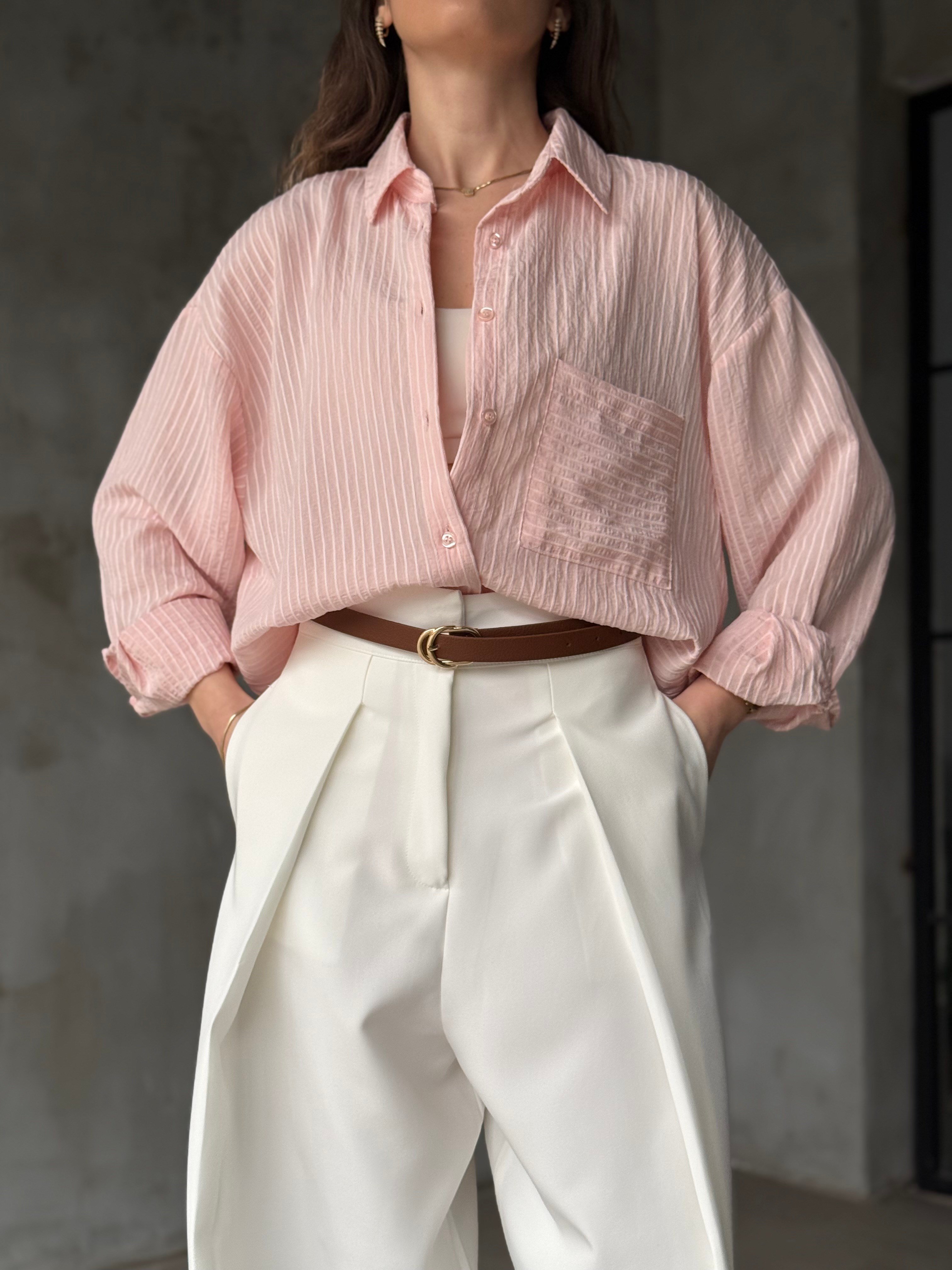 Çizgili Oversize Gömlek - Pembe - Dominatrend
