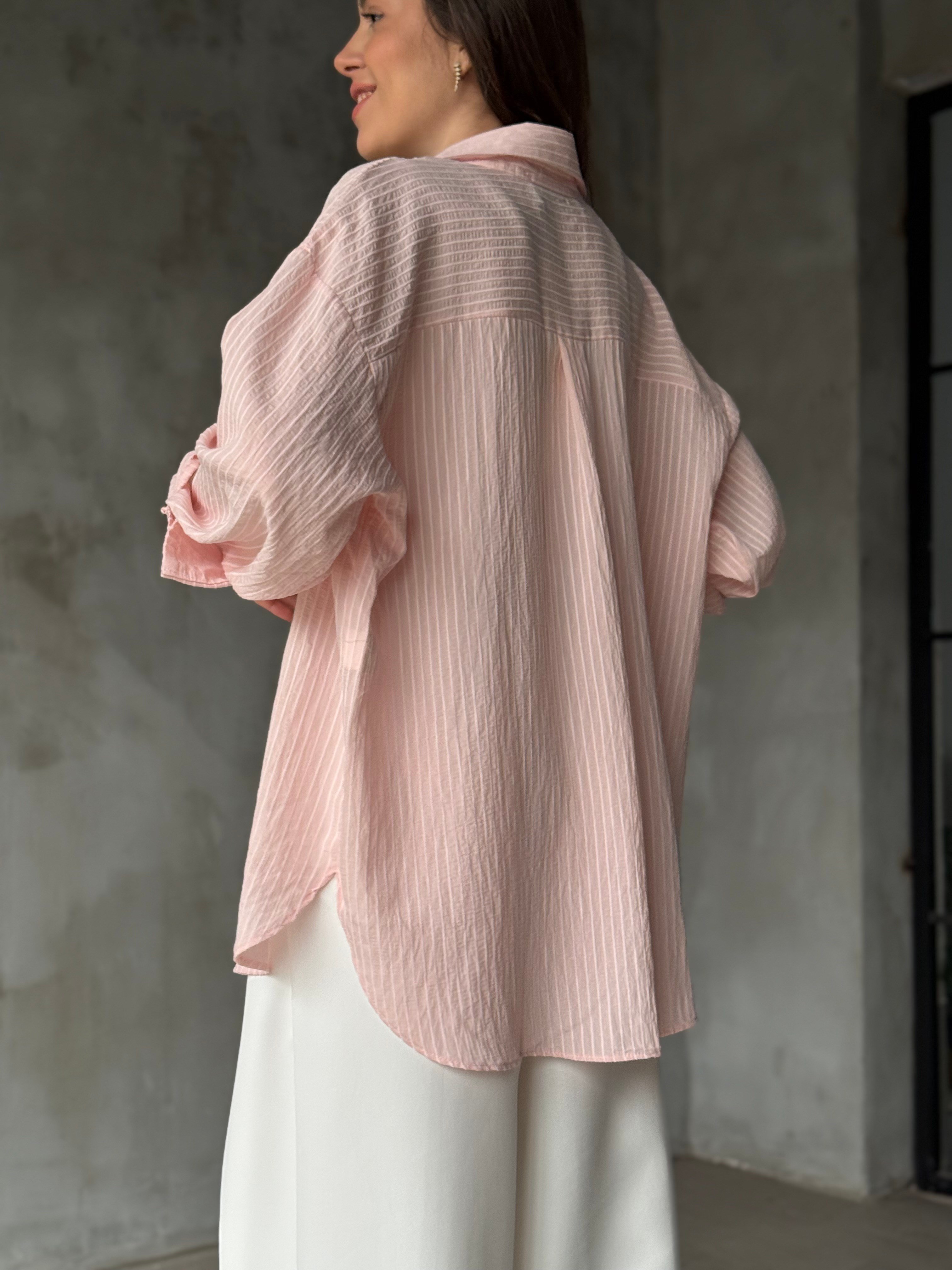Çizgili Oversize Gömlek - Pembe - Dominatrend