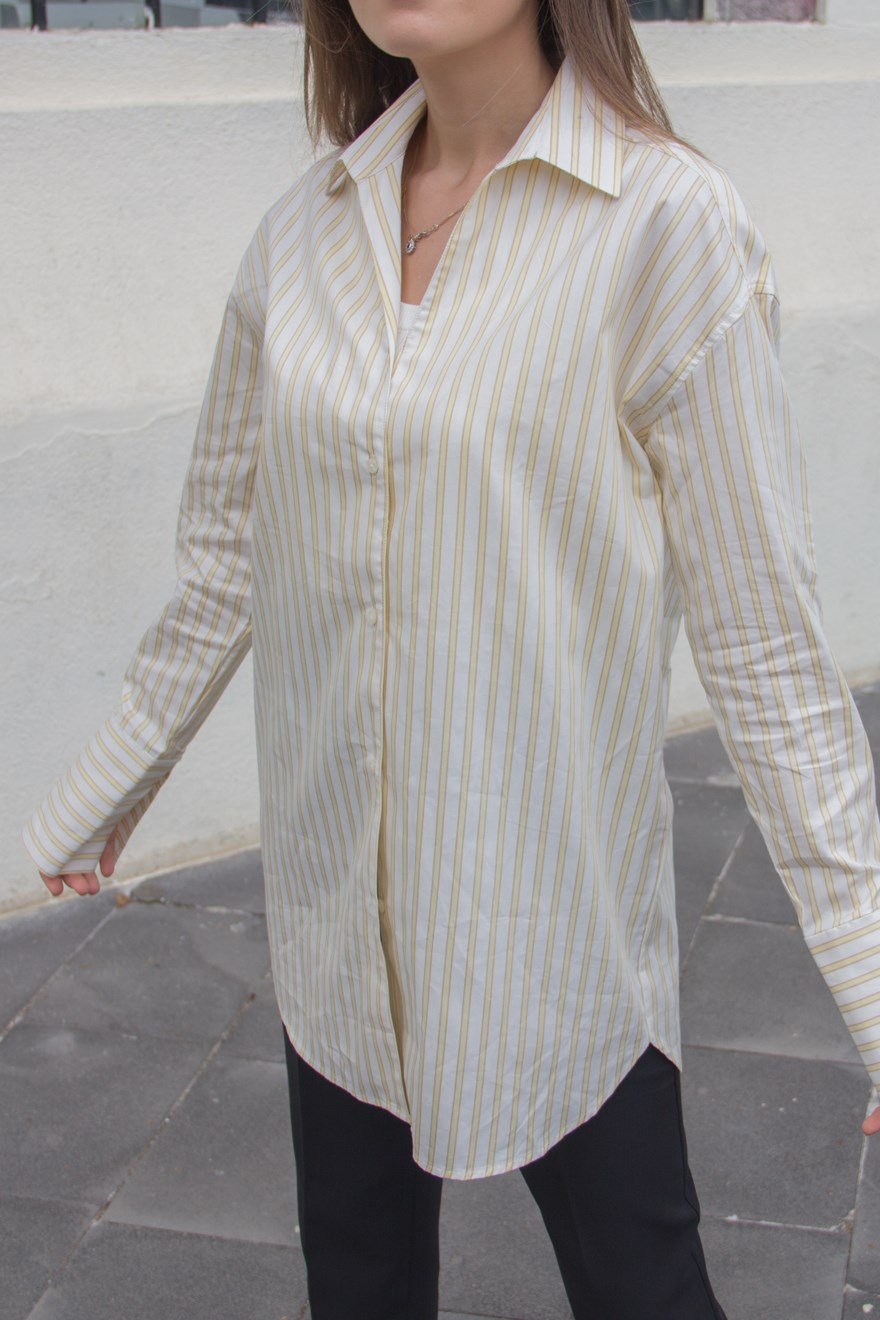 Çizgili Oversize Gömlek - Sarı - Dominatrend