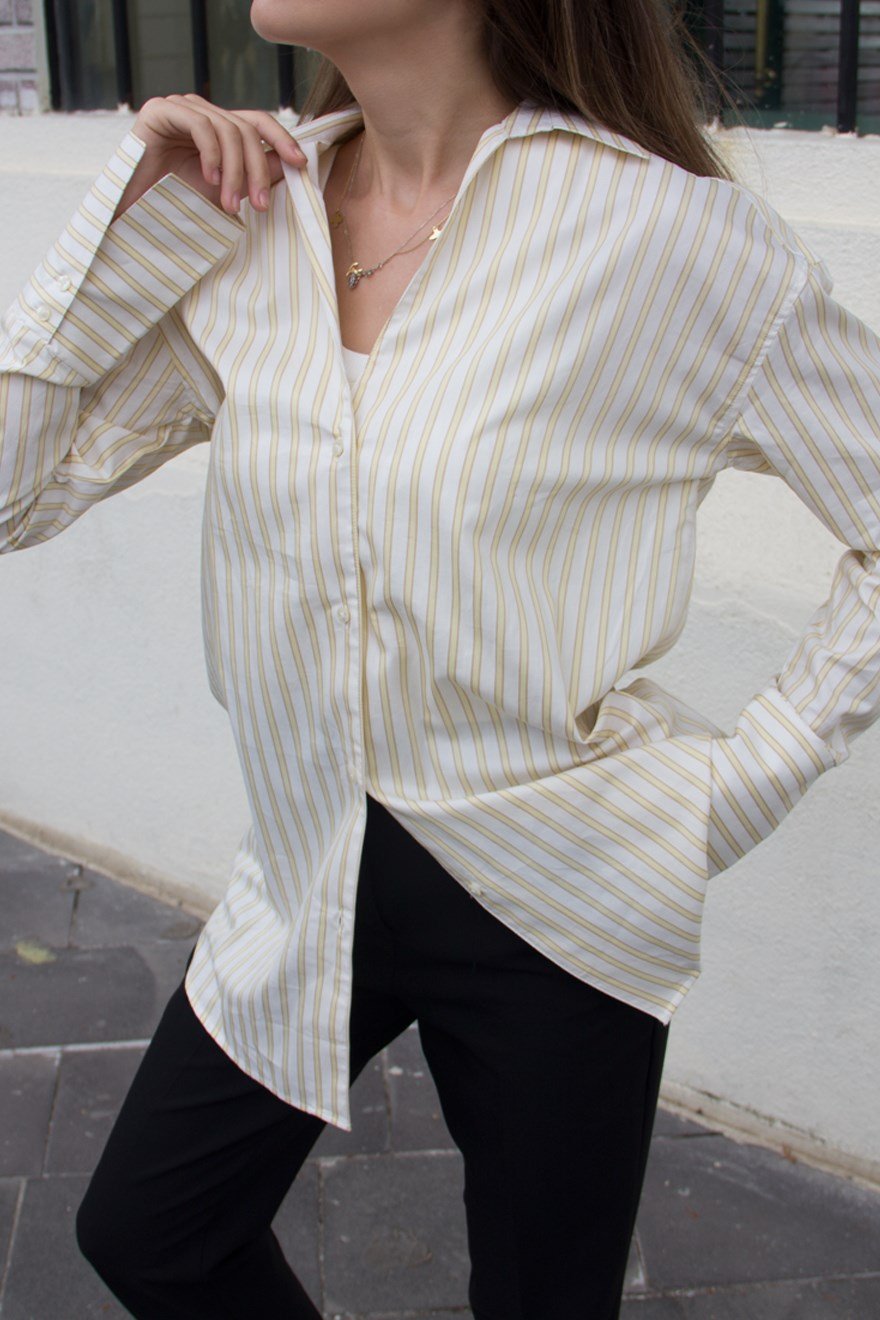 Çizgili Oversize Gömlek - Sarı - Dominatrend