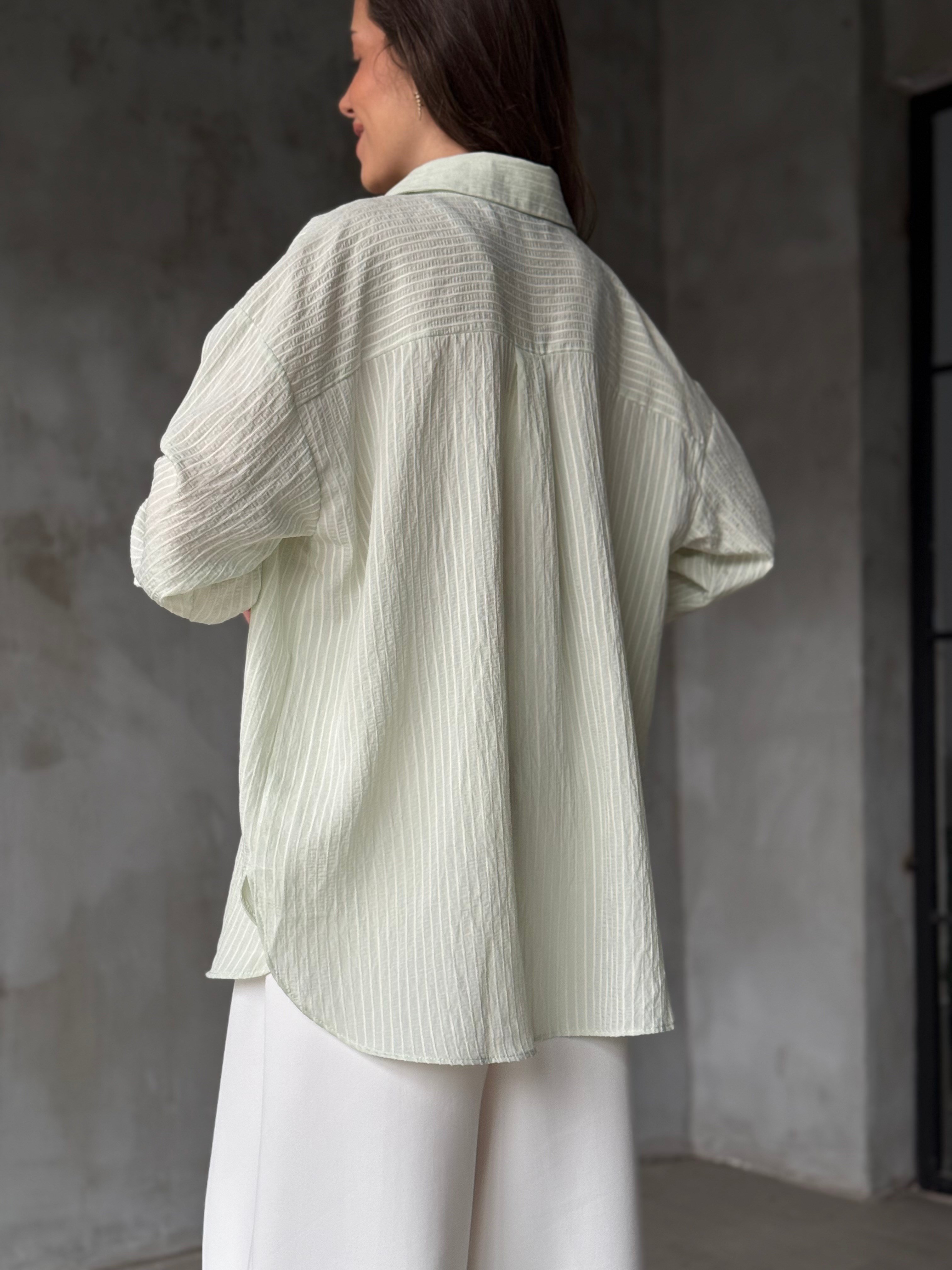 Çizgili Oversize Gömlek - Su Yeşili - Dominatrend