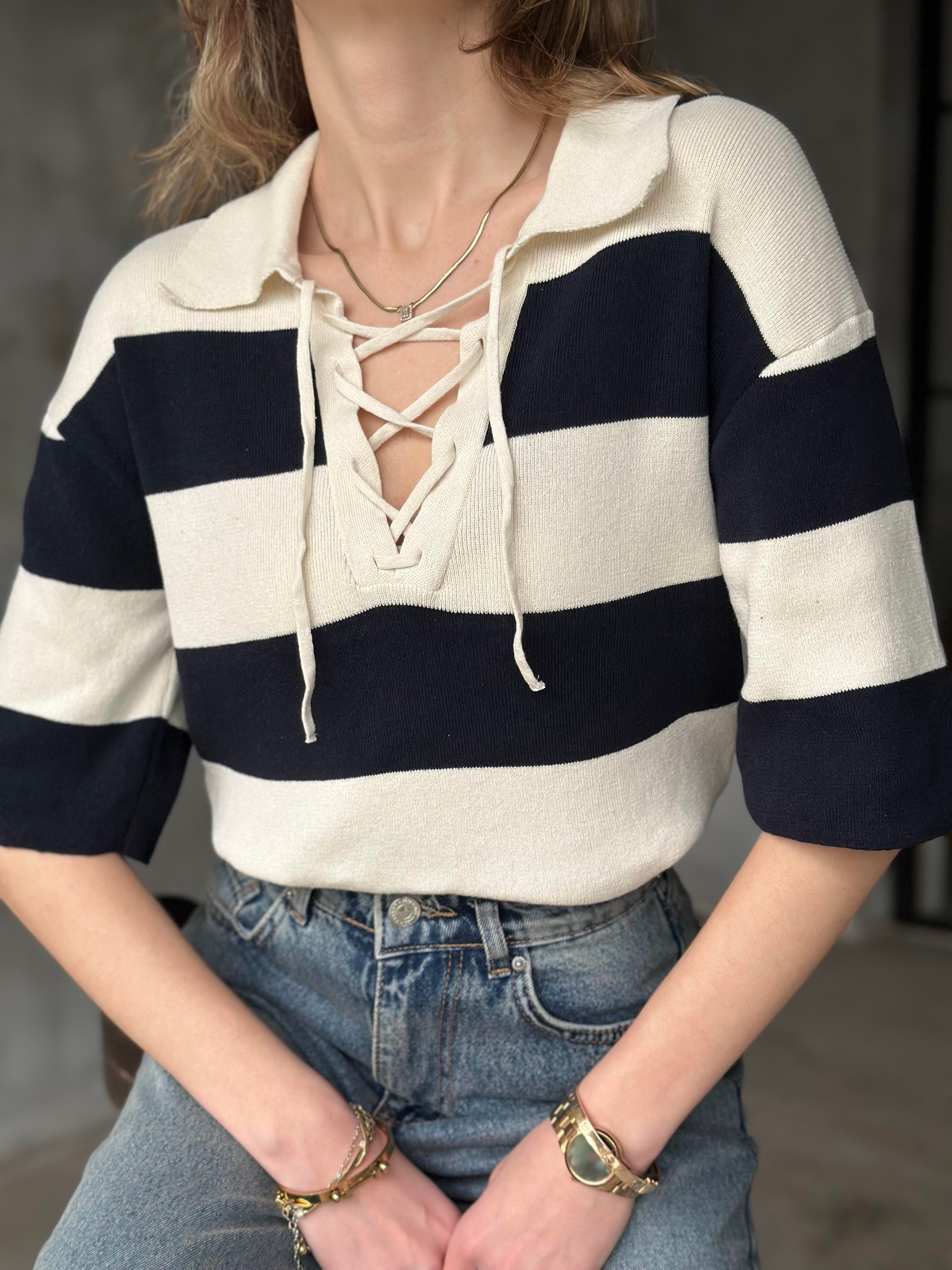 Çizgili Polo Yaka Triko T-shirt - Dominatrend