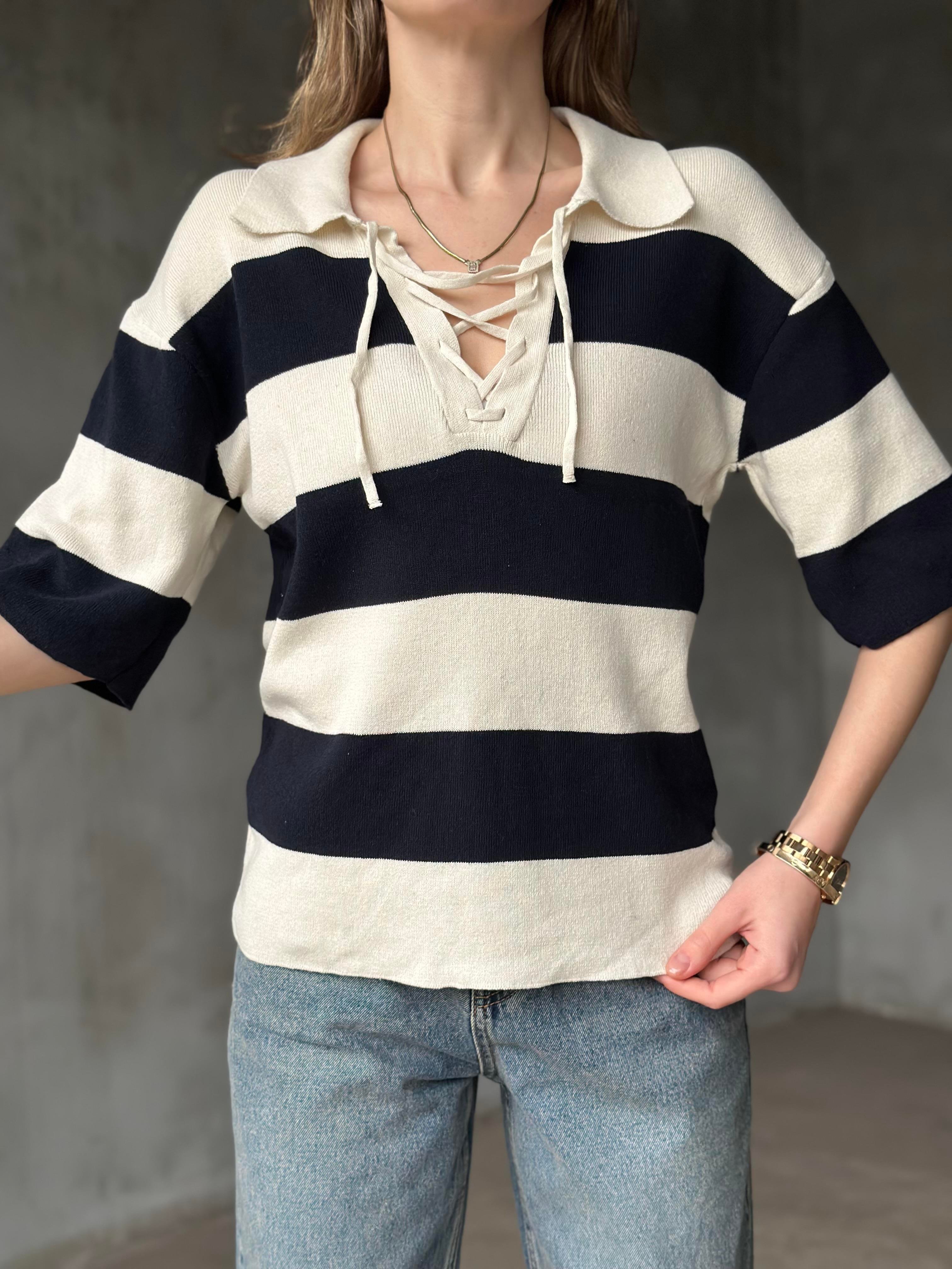 Çizgili Polo Yaka Triko T-shirt - Dominatrend