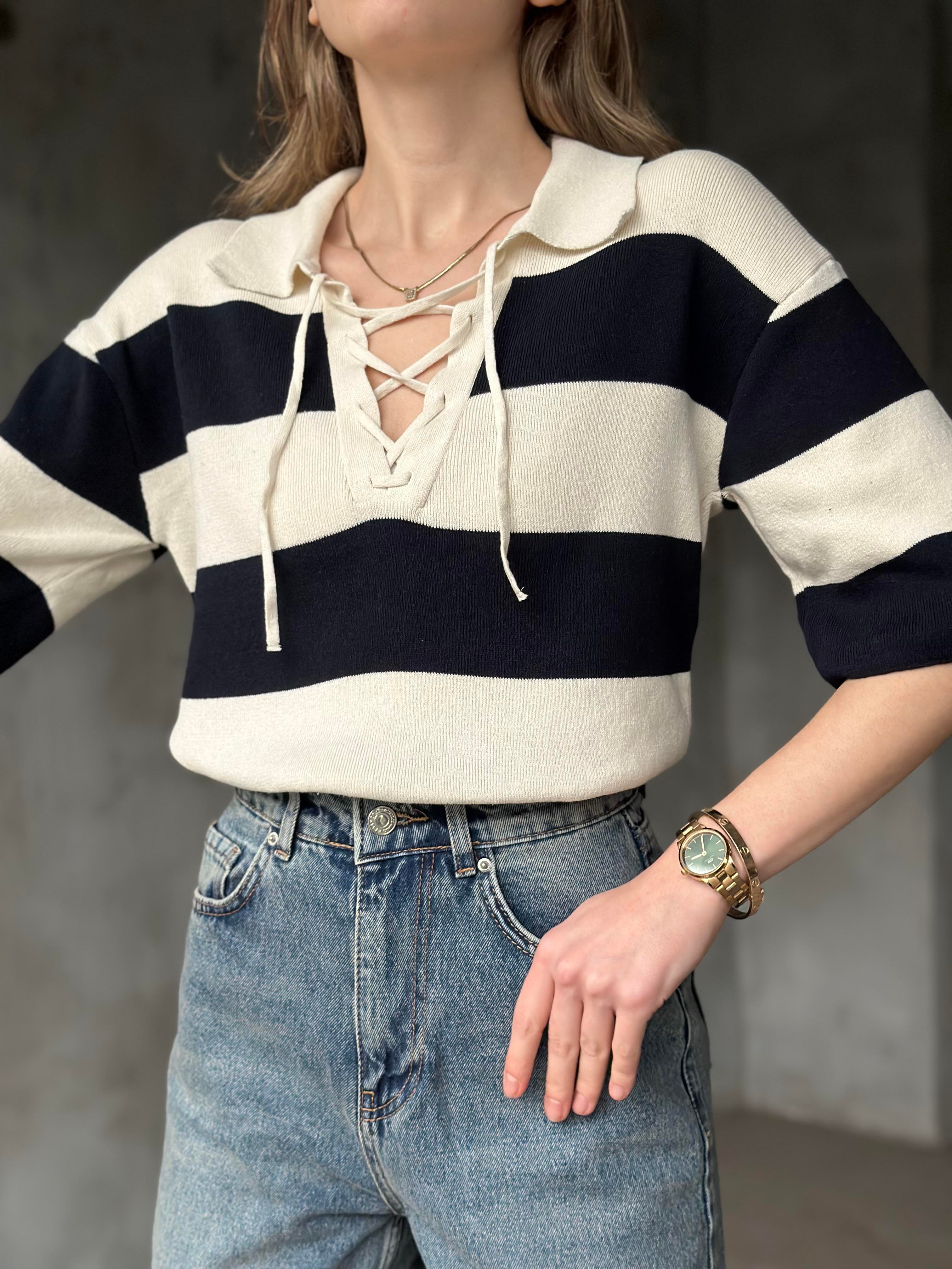 Çizgili Polo Yaka Triko T-shirt - Dominatrend