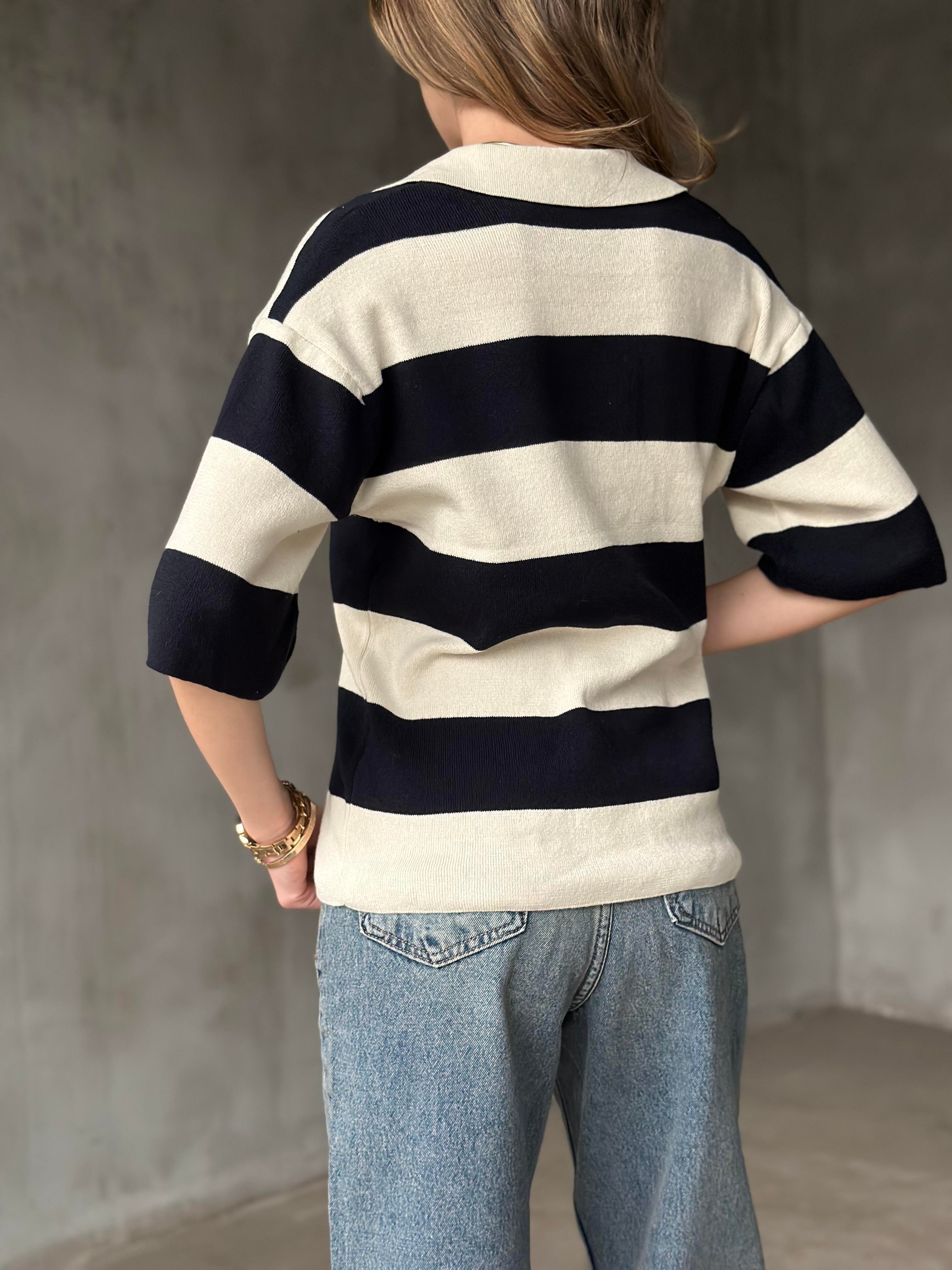 Çizgili Polo Yaka Triko T-shirt - Dominatrend