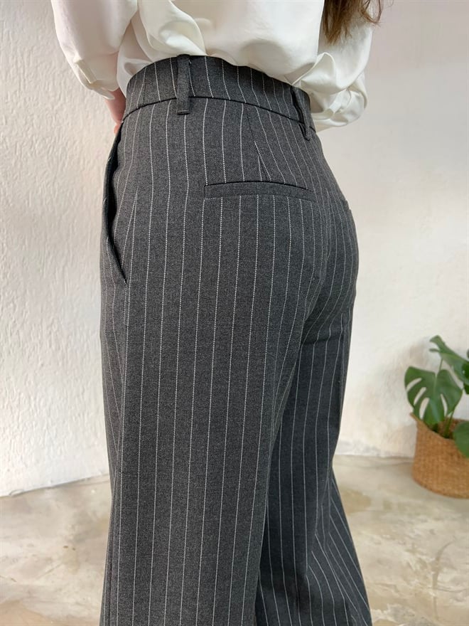 Çizgili Salaş Paça Katlama Detay Pantolon - Füme - Dominatrend