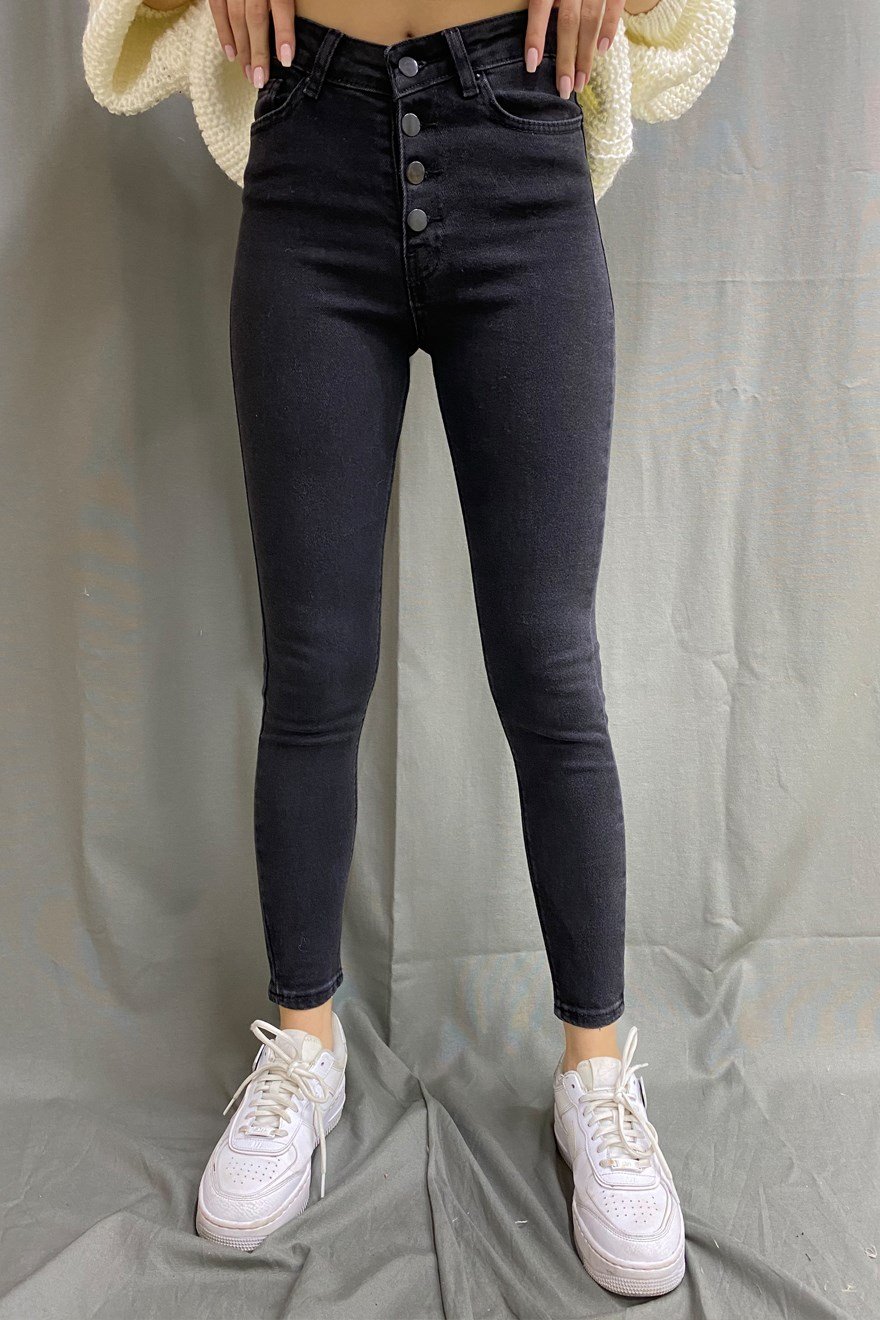 Çok Düğmeli Skinny Jean - Füme - Dominatrend