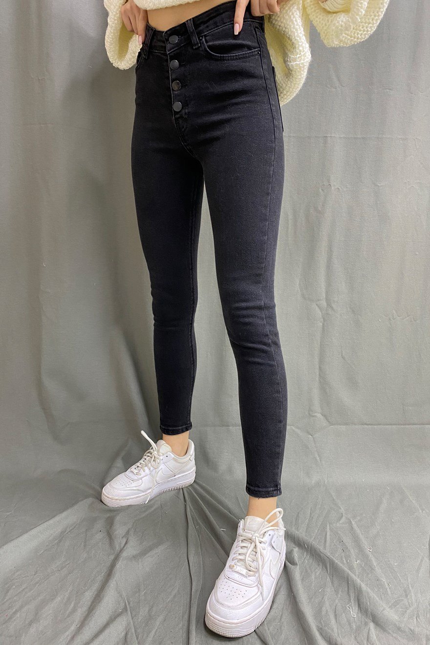Çok Düğmeli Skinny Jean - Füme - Dominatrend