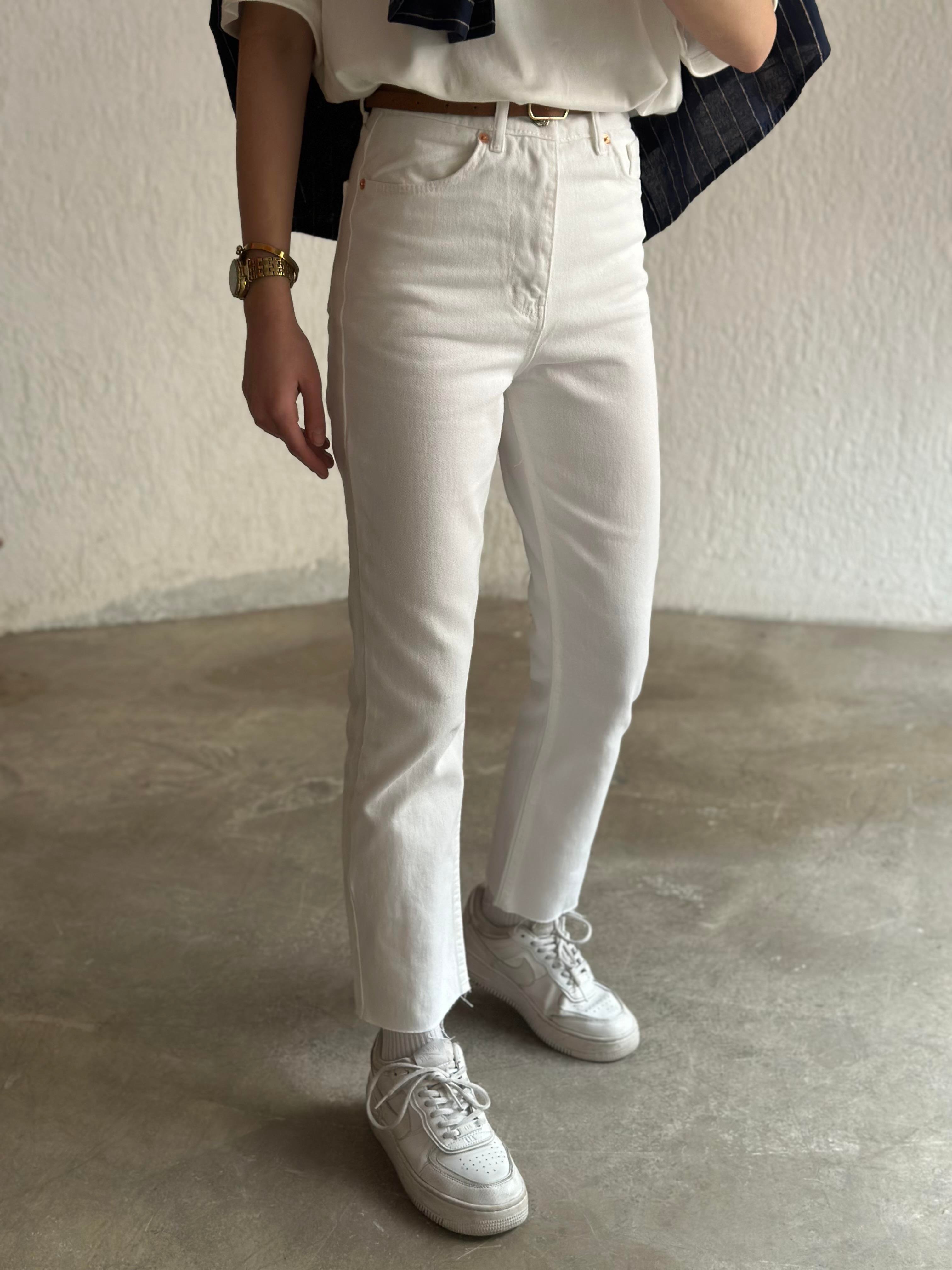 Crop Straight  Fit Jean - Beyaz - Dominatrend