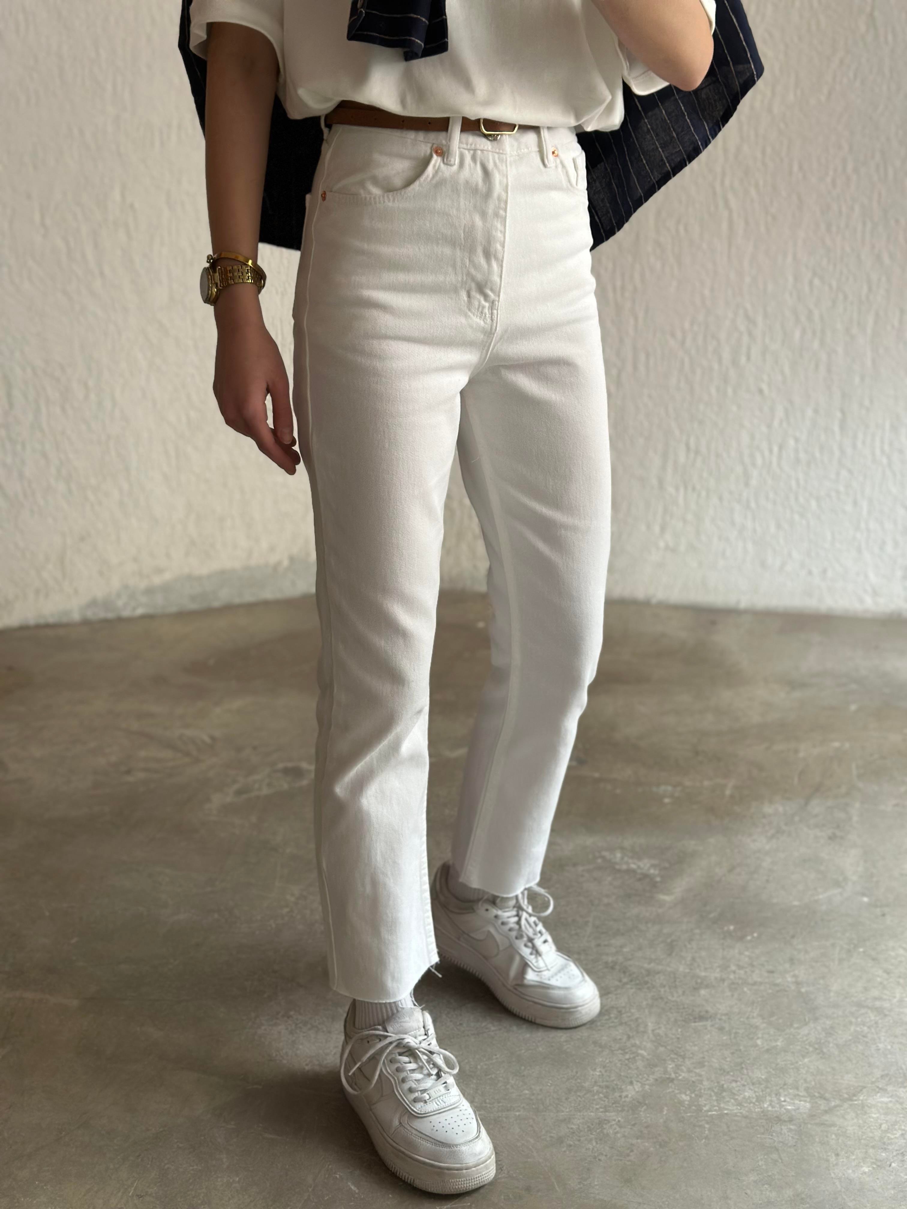 Crop Straight  Fit Jean - Beyaz - Dominatrend