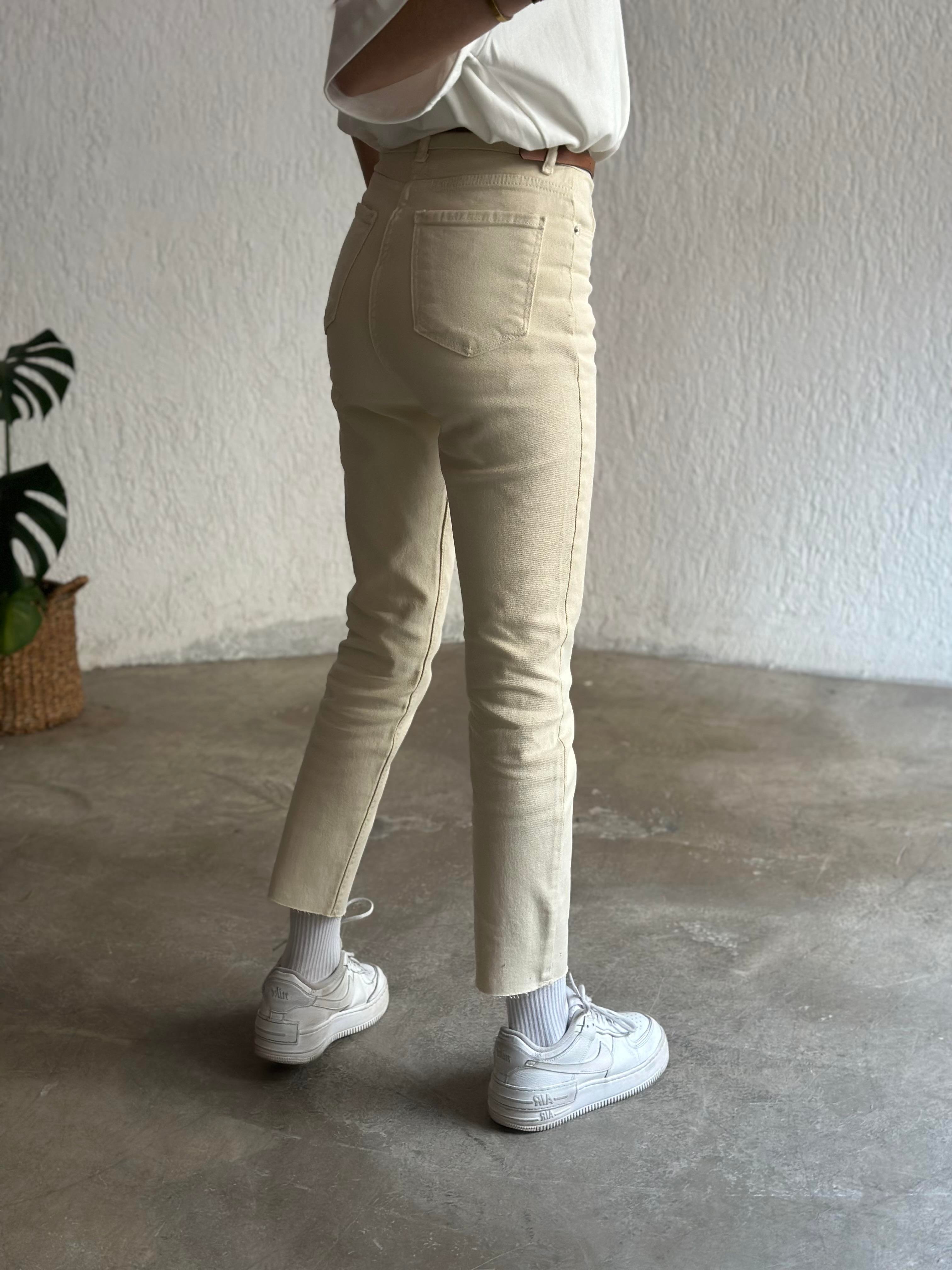 Crop Straight Fit Jean - Krem - Dominatrend
