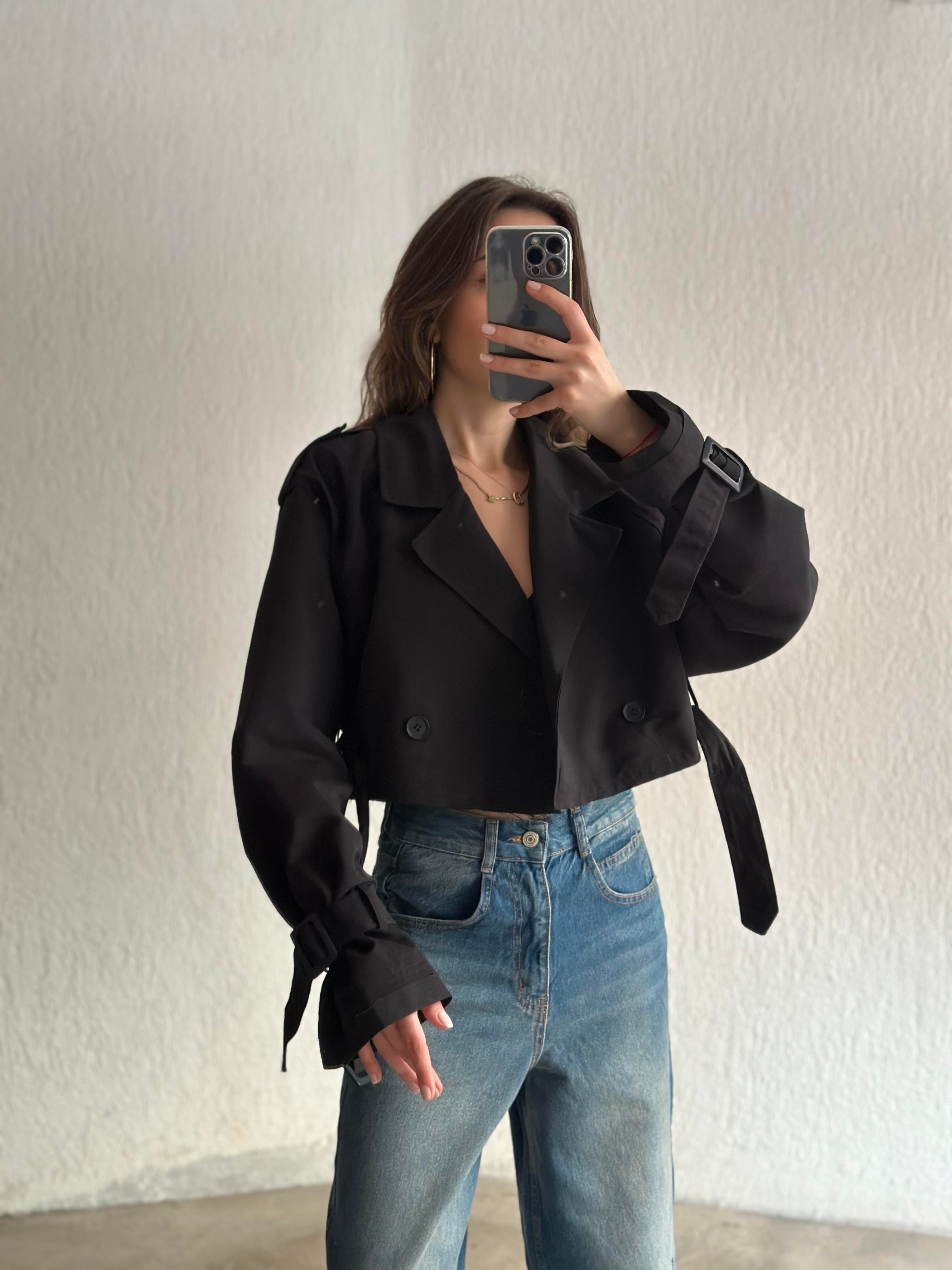 Crop Trençkot - Siyah - Dominatrend