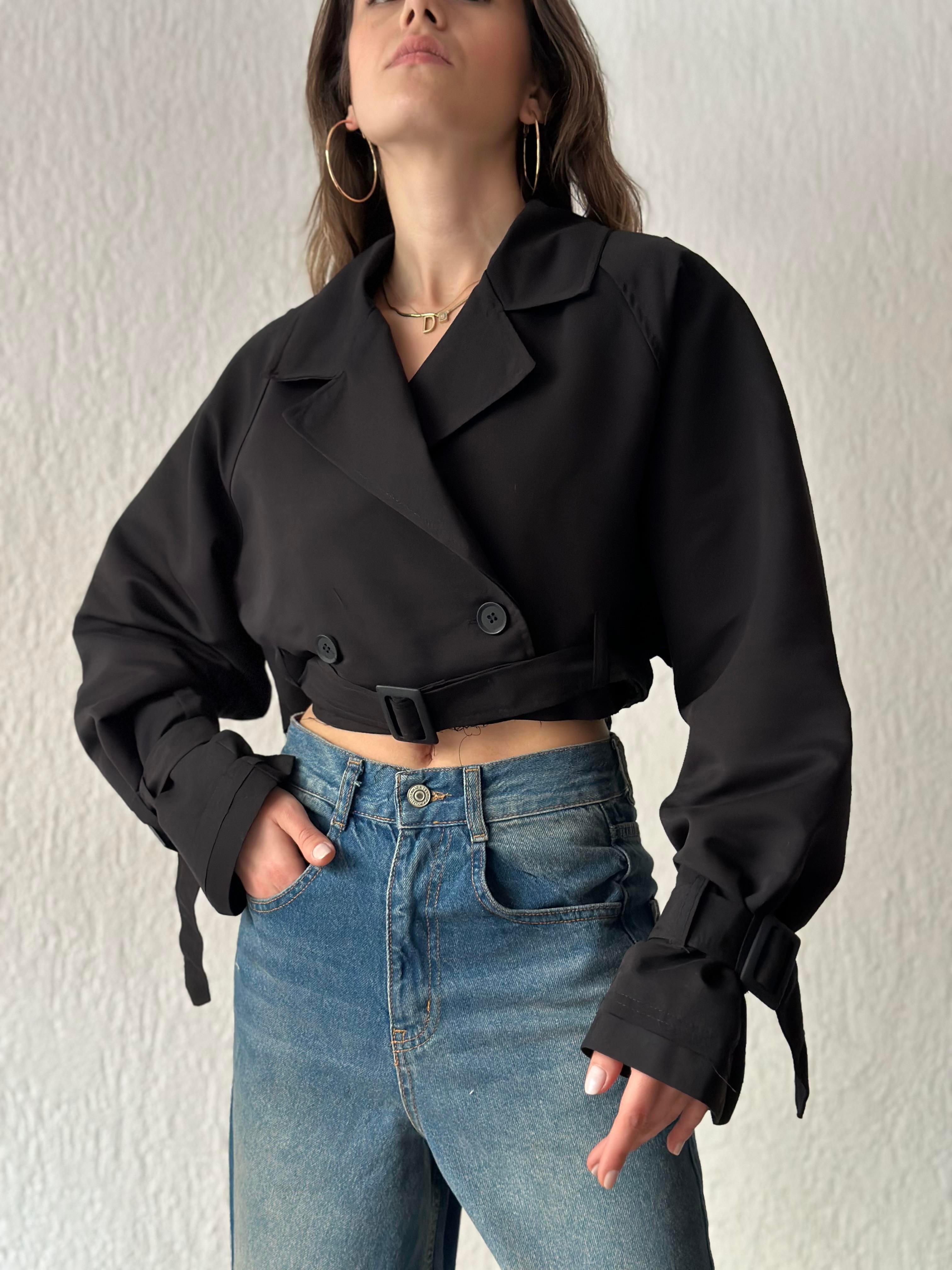 Crop Trençkot - Siyah - Dominatrend