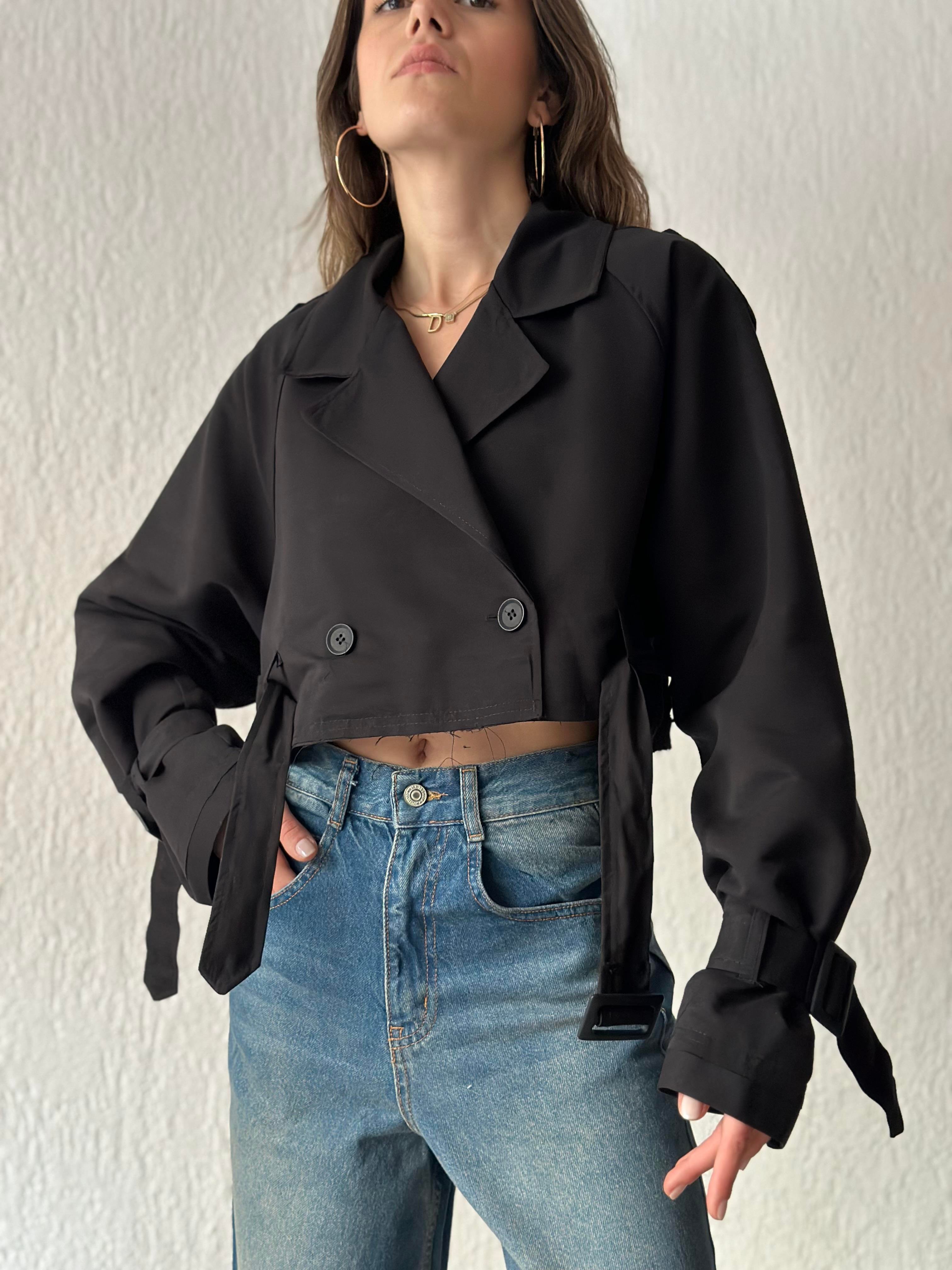 Crop Trençkot - Siyah - Dominatrend