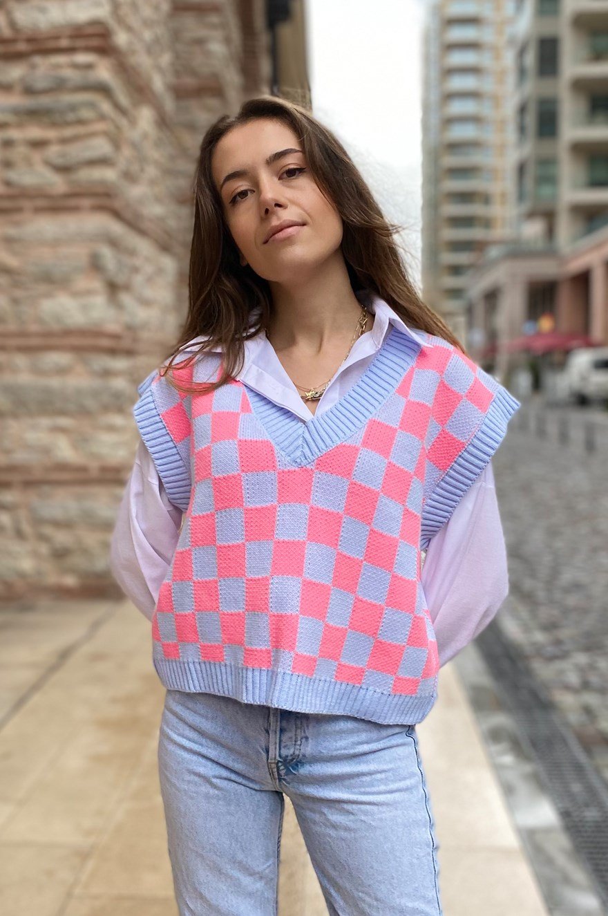 Damalı Süveter - Mavi - Dominatrend