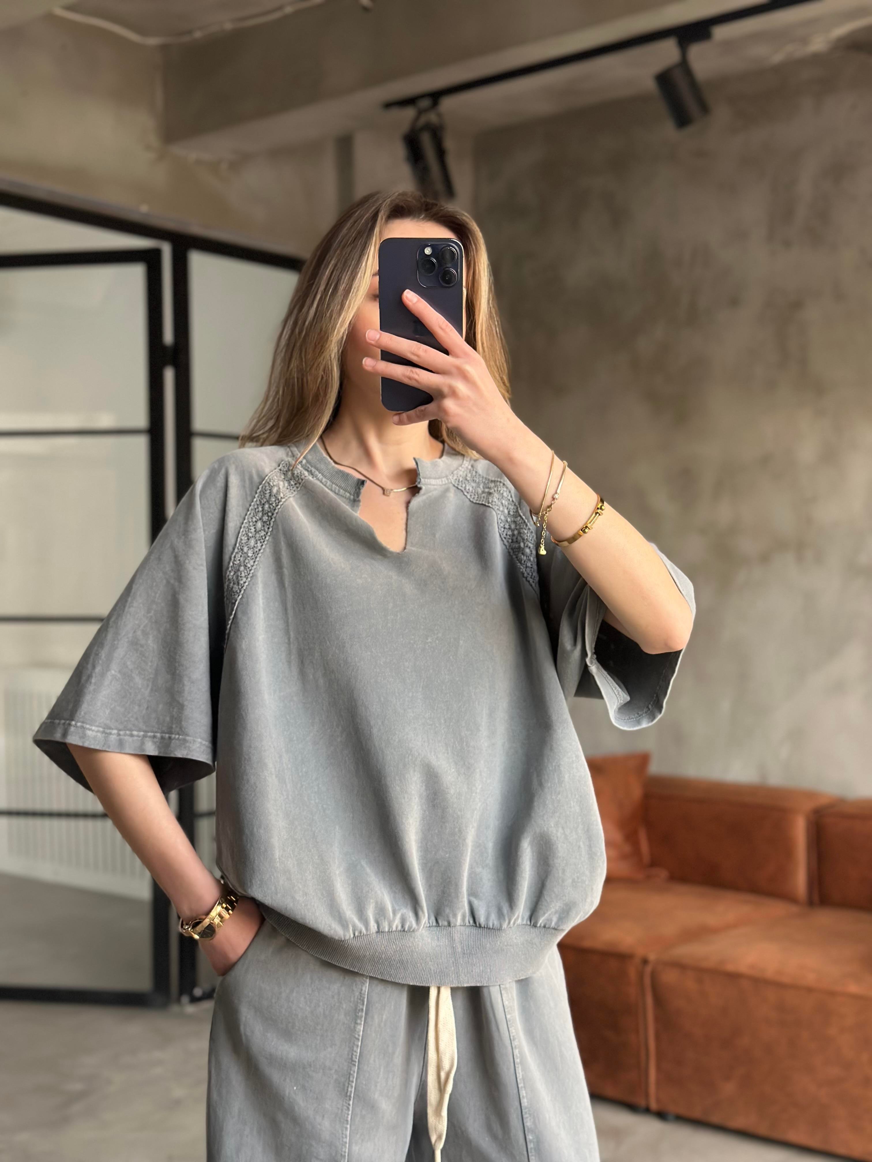 Dantel Detay Yıkamalı Oversize Takım -Gri - Dominatrend